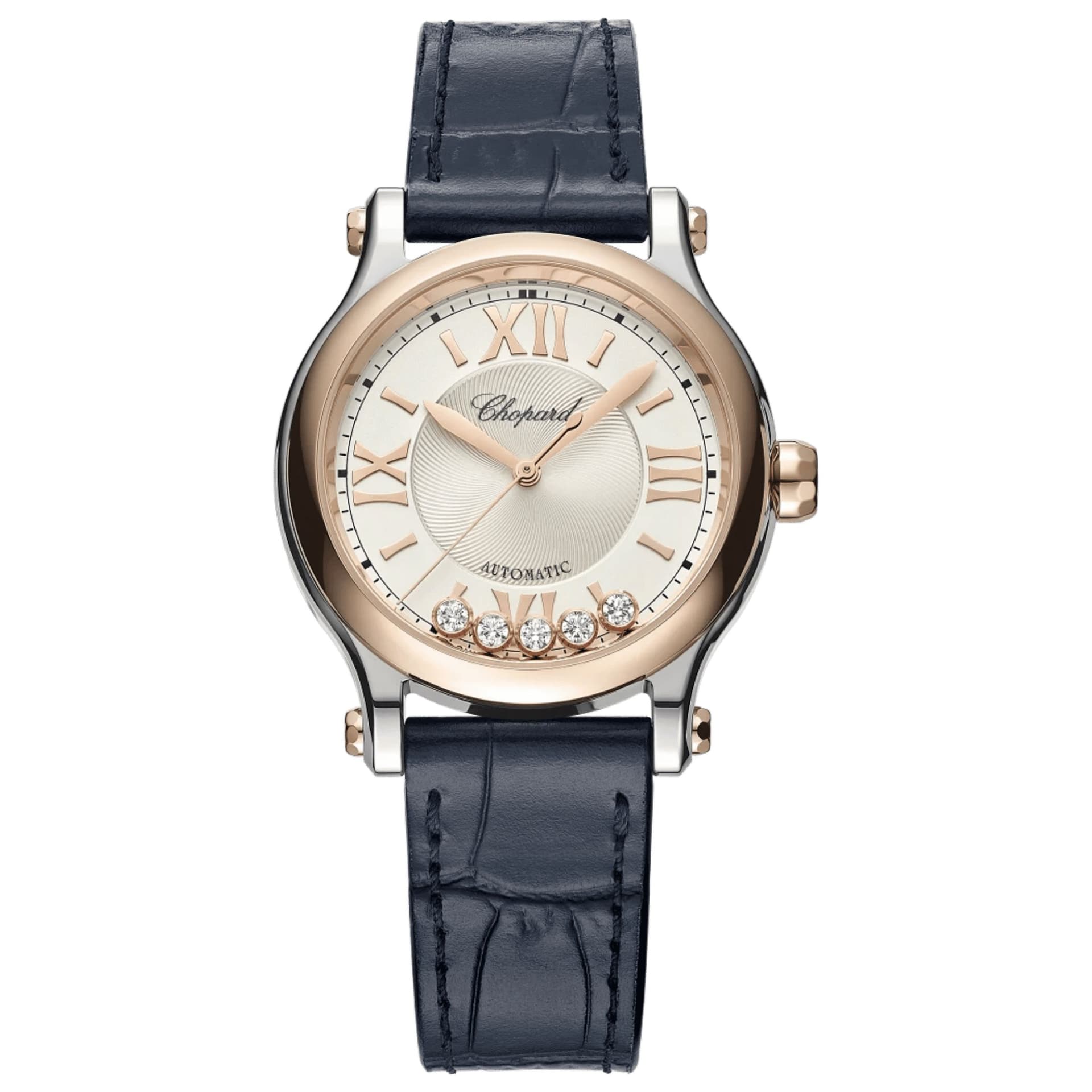 Chopard Montre Chopard Happy Sport automatique lunette or rose cadran argenté bracelet cuir bleu 33 mm