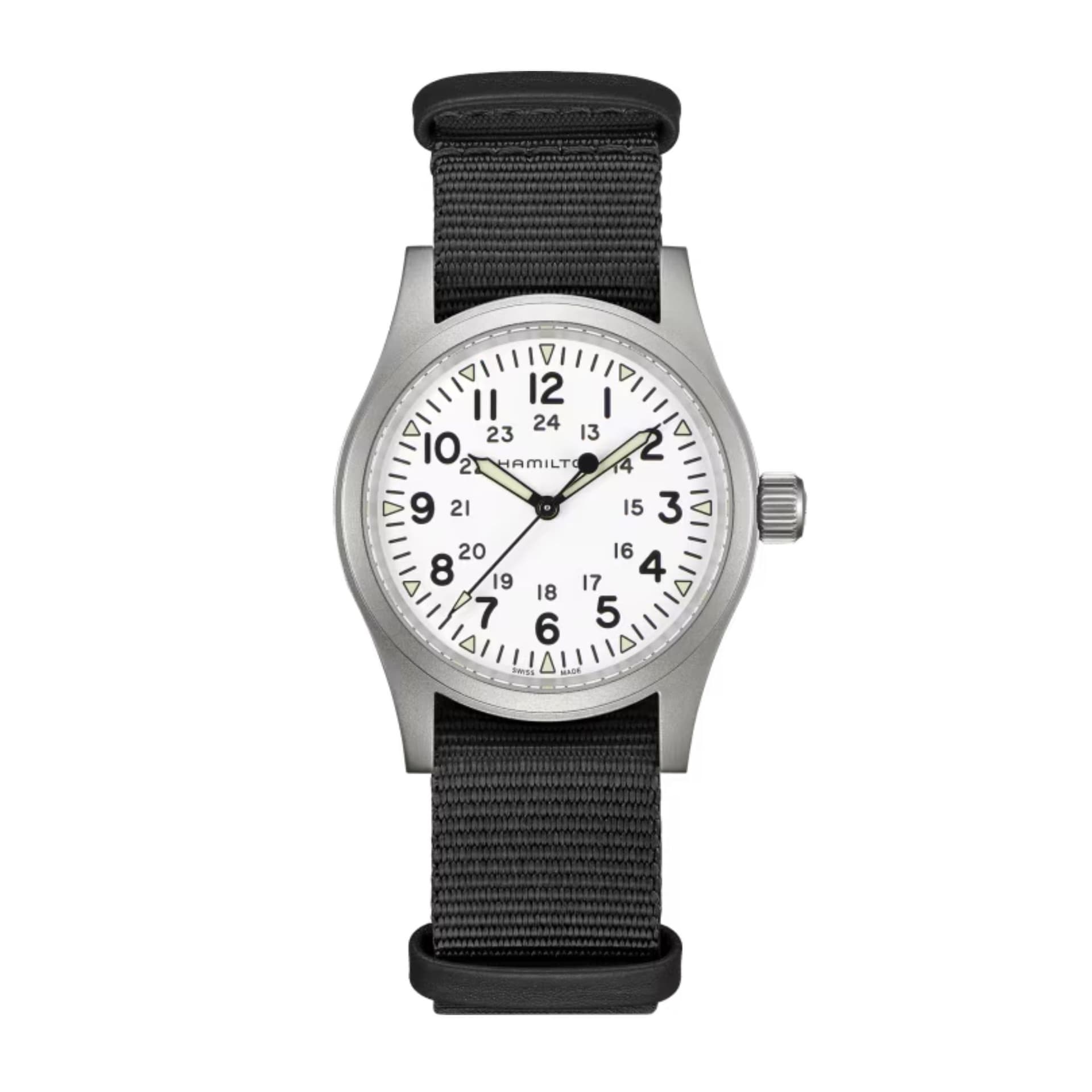 Hamilton Montre Hamilton Khaki Field Mechanical cadran blanc bracelet NATO noir 38 mm