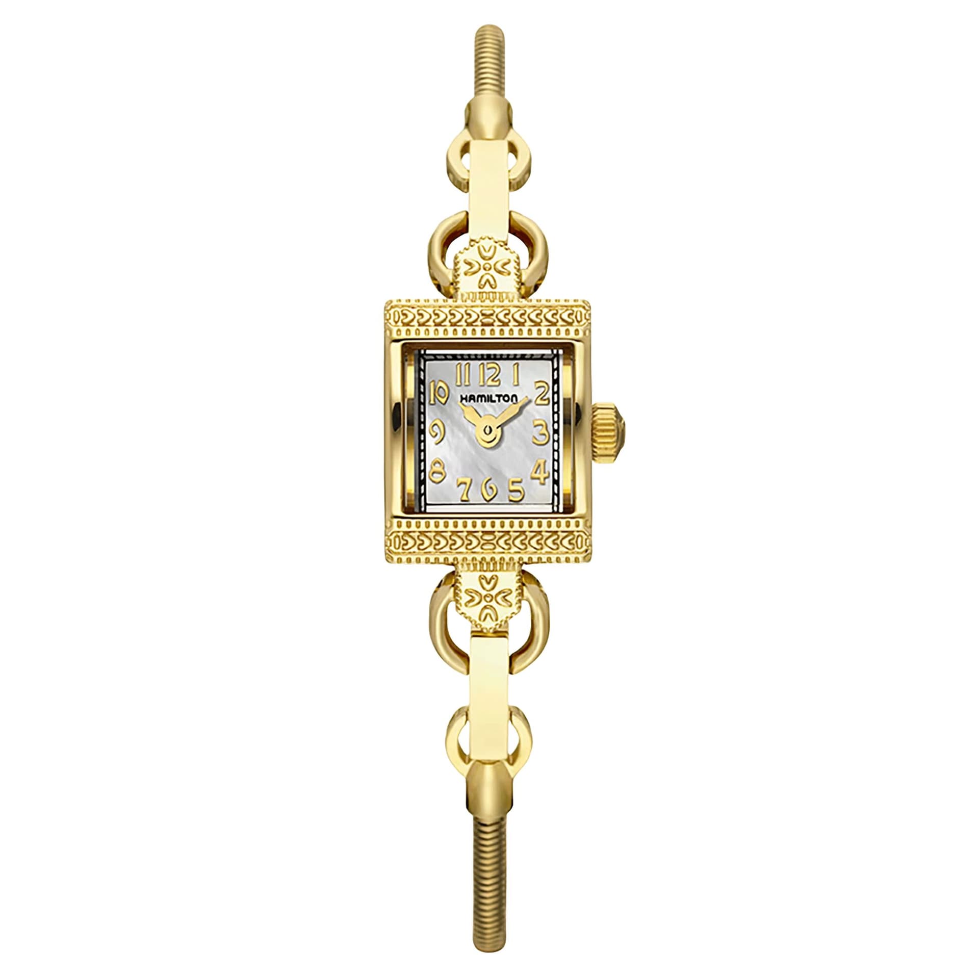 Hamilton Montre Hamilton American Classic Lady Vintage PVD or jaune quartz cadran nacre blanche bracelet chaînette acier 15 mm