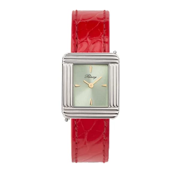 Poiray Montre Poiray Ma Première Acier Cadran Vert Bracelet Alligator Rouge