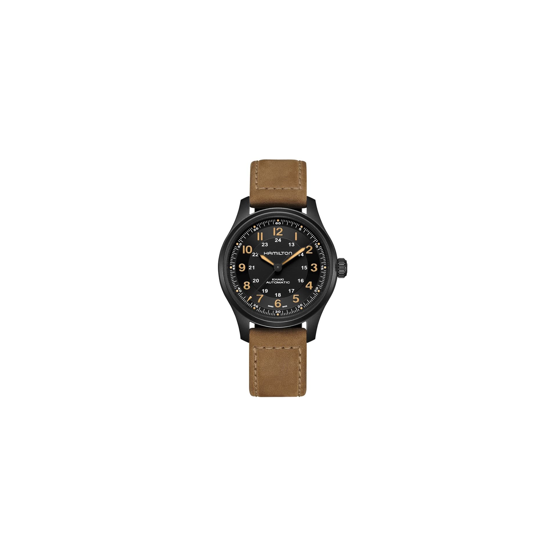Hamilton Montre Hamilton Khaki Field Titanium Auto cadran noir bracelet cuir brun 42 mm