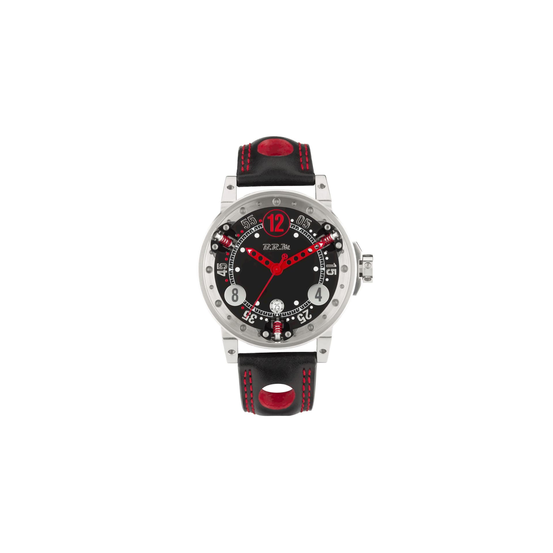 BRM Montre BRM V6 automatique inox cadran noir aiguilles rouges bracelet cuir noir 44 mm