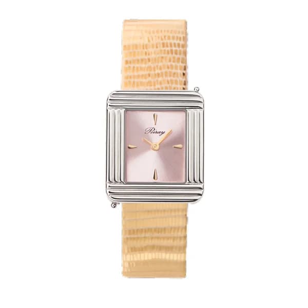 Poiray Montre Poiray Ma Première Acier Cadran Rose Bracelet Chèvre Doré
