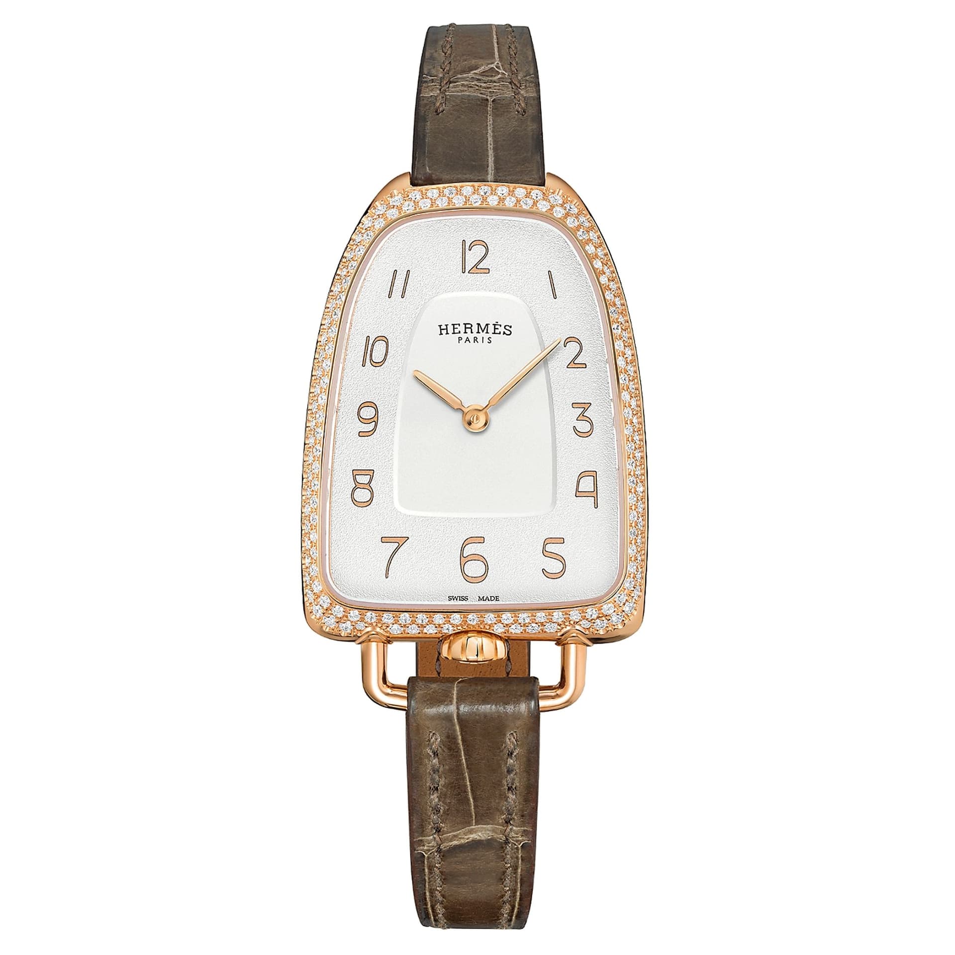 Hermès Montre HERMÈS Galop d'Hermès Grand Modèle sertie quartz cadran argent bracelet cuir gris 40 mm