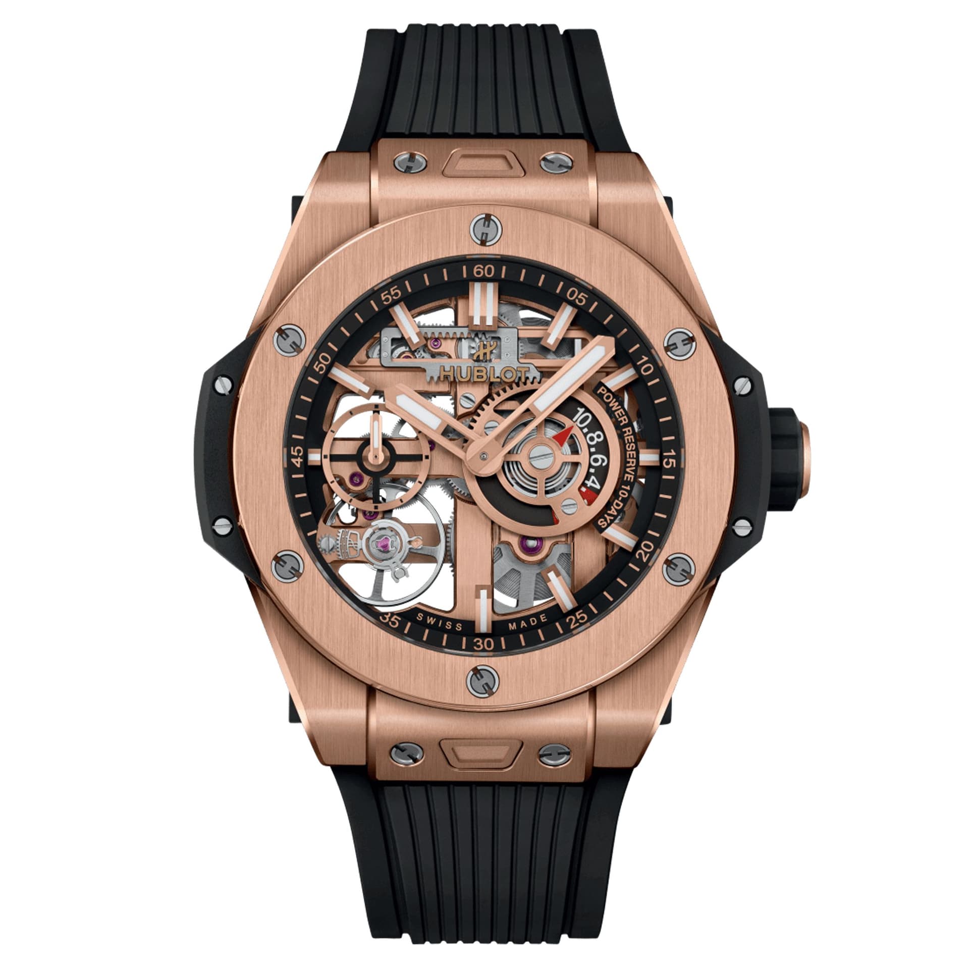 Hublot Montre Hublot Big Bang Meca-10 King Gold mécanique cadran squelette bracelet caoutchouc noir 42 mm