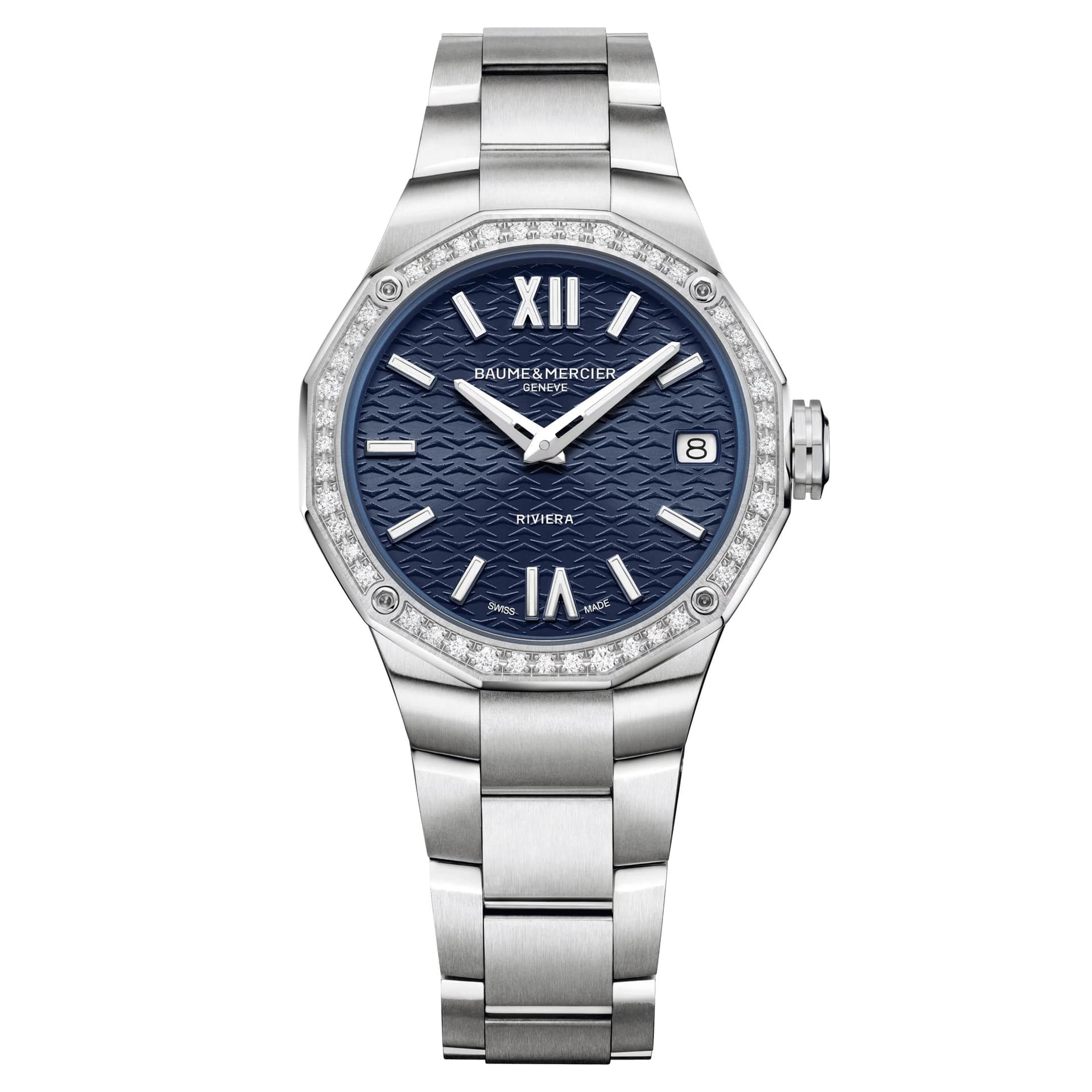 Baume & Mercier Montre Baume et Mercier Riviera quartz lunette sertie cadran bleu bracelet acier 33 mm