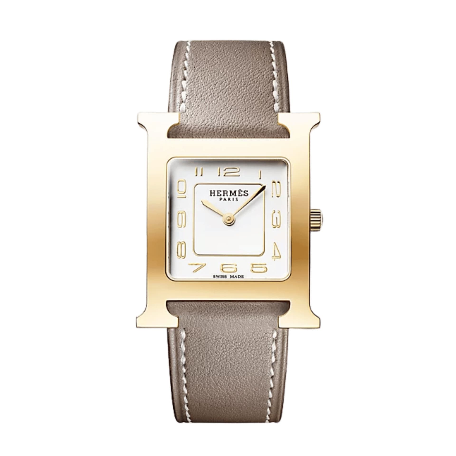 Hermès Montre HERMÈS Heure H Moyen Modèle PVD quartz cadran argenté bracelet cuir étoupe 30 mm