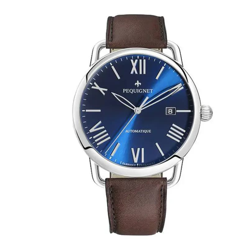 Pequignet Montre Equus Origine Cadran Bleu 4755473 cuir marron