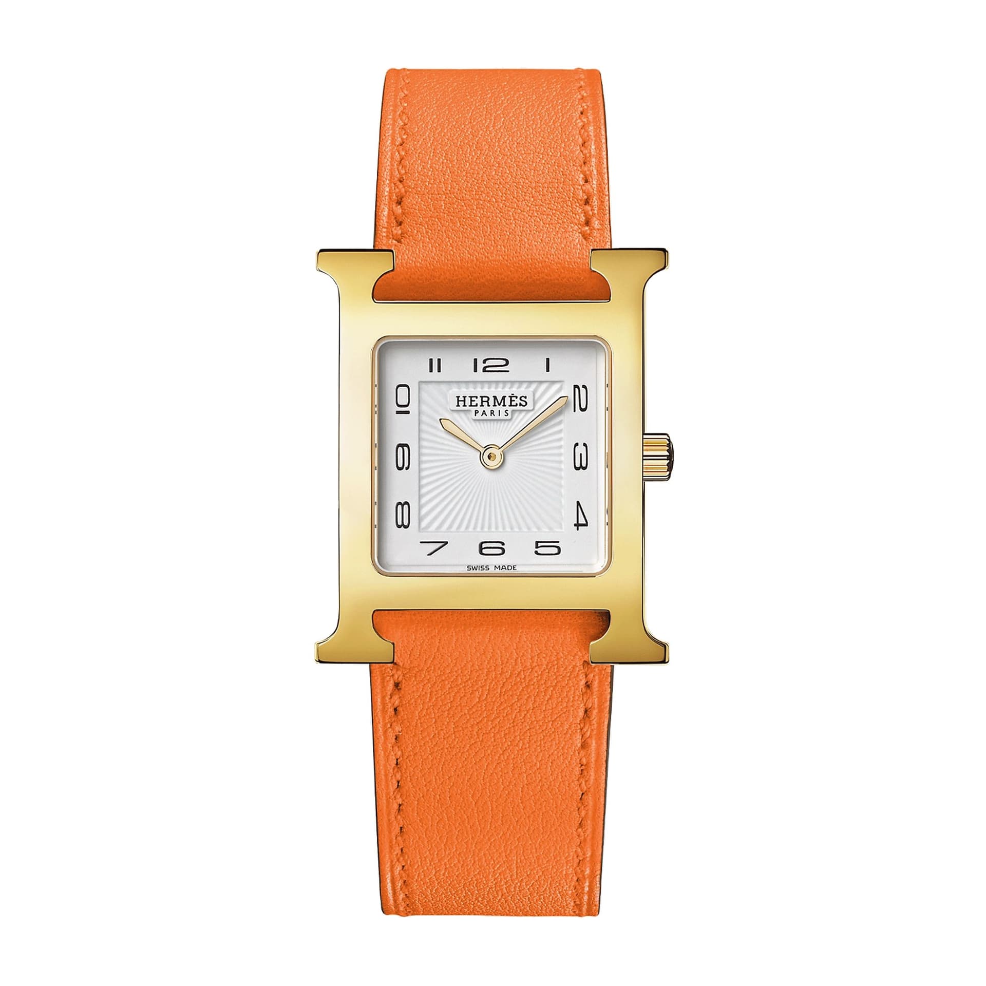 Hermès Montre HERMÈS Heure H Moyen Modèle PVD Or jaune quartz cadran blanc bracelet cuir orange 30 mm