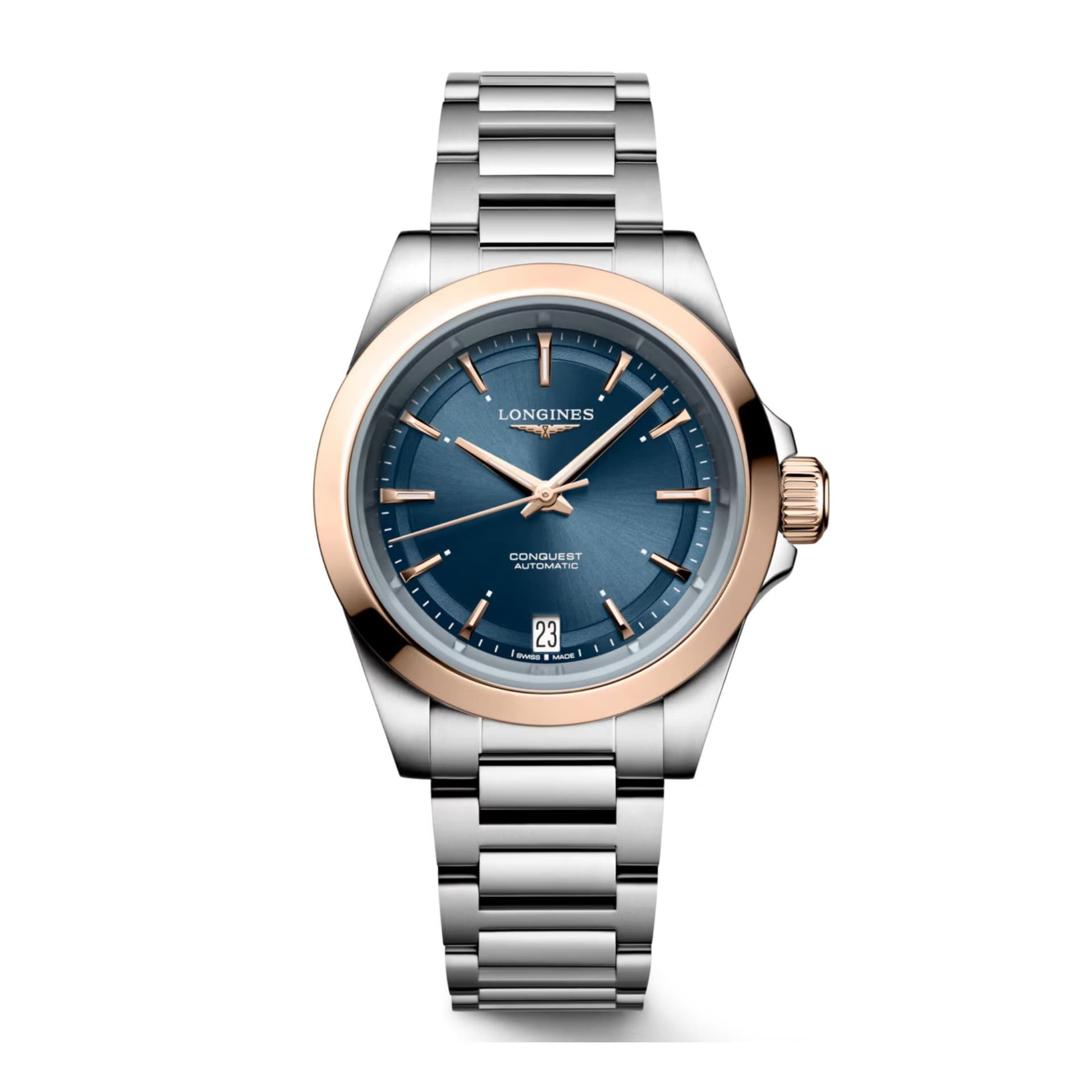 Longines Montre Longines Conquest Or rose automatique cadran bleu bracelet acier et or rose 34 mm