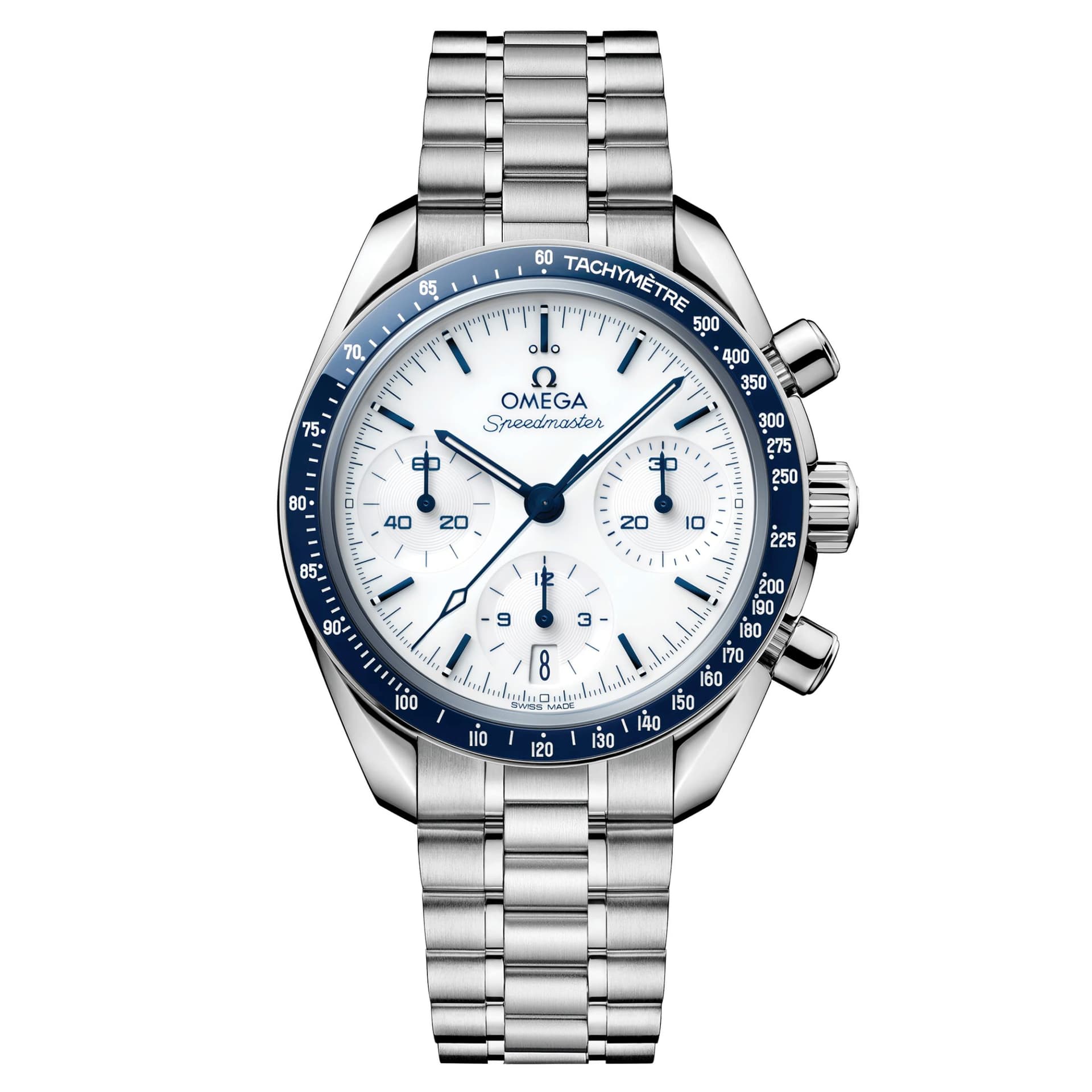 Omega Montre Omega Speedmaster 38 automatique cadran blanc lunette bleue bracelet acier 38 mm
