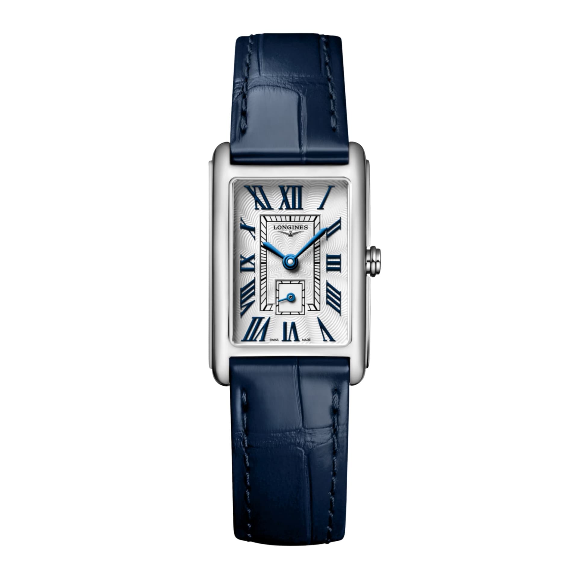 Longines Montre Longines DolceVita quartz cadran argenté bracelet cuir alligator bleu 20,80 x 32 mm