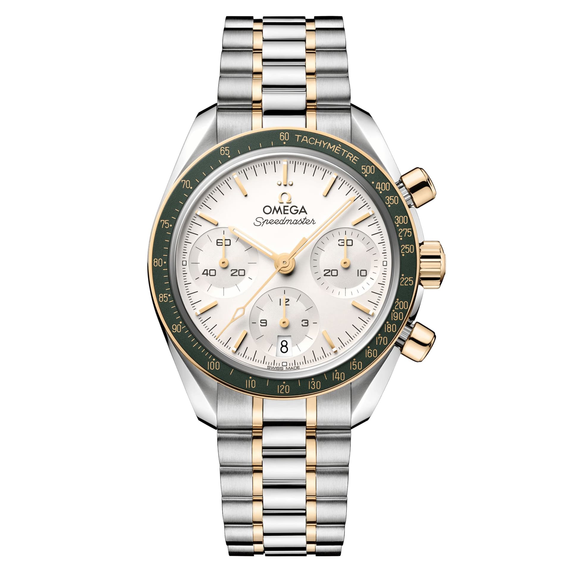 Omega Montre Omega Speedmaster 38 automatique acier et or Moonshine™ cadran argenté lunette verte bracelet bicolore 38 mm