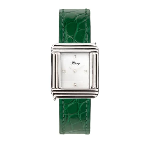 Poiray Montre Poiray Ma Première Cadran Blanc Serti Bracelet Alligator Vert