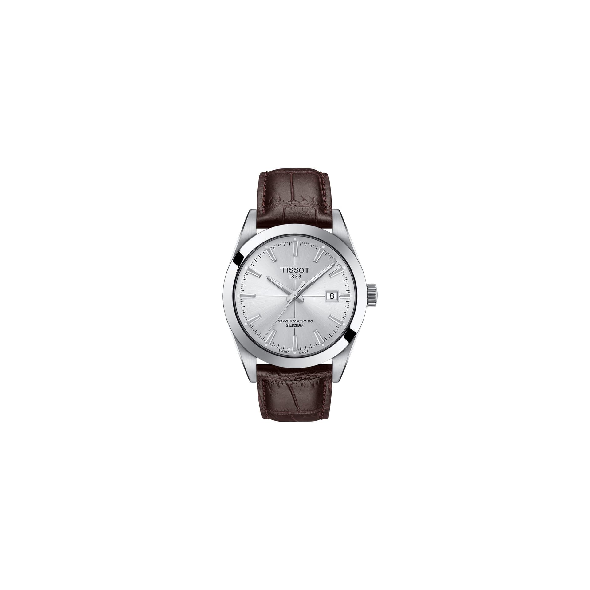 Tissot Montre Tissot T-Classic Gentleman Powermatic 80 cadran argent bracelet cuir brun 40 mm