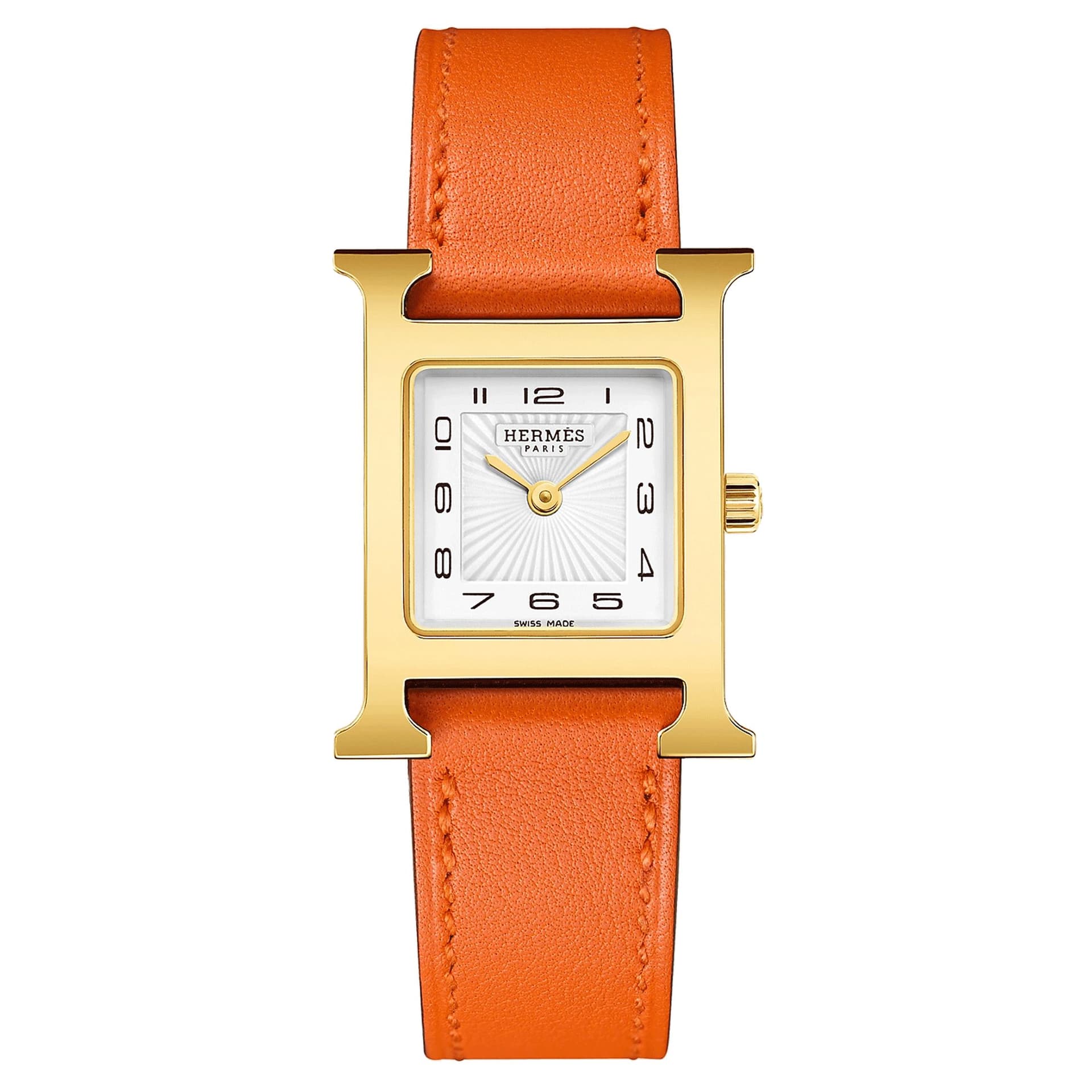 Hermès Montre HERMÈS Heure H Petit Modèle PVD quartz cadran blanc bracelet cuir orange 25 mm