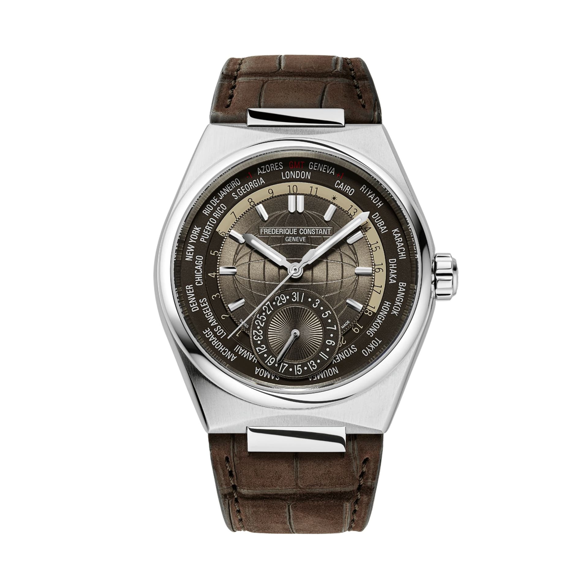 Frédérique Constant Montre Frédérique Constant Highlife Worldtimer Manufacture automatique cadran marron bracelet cuir 41 mm