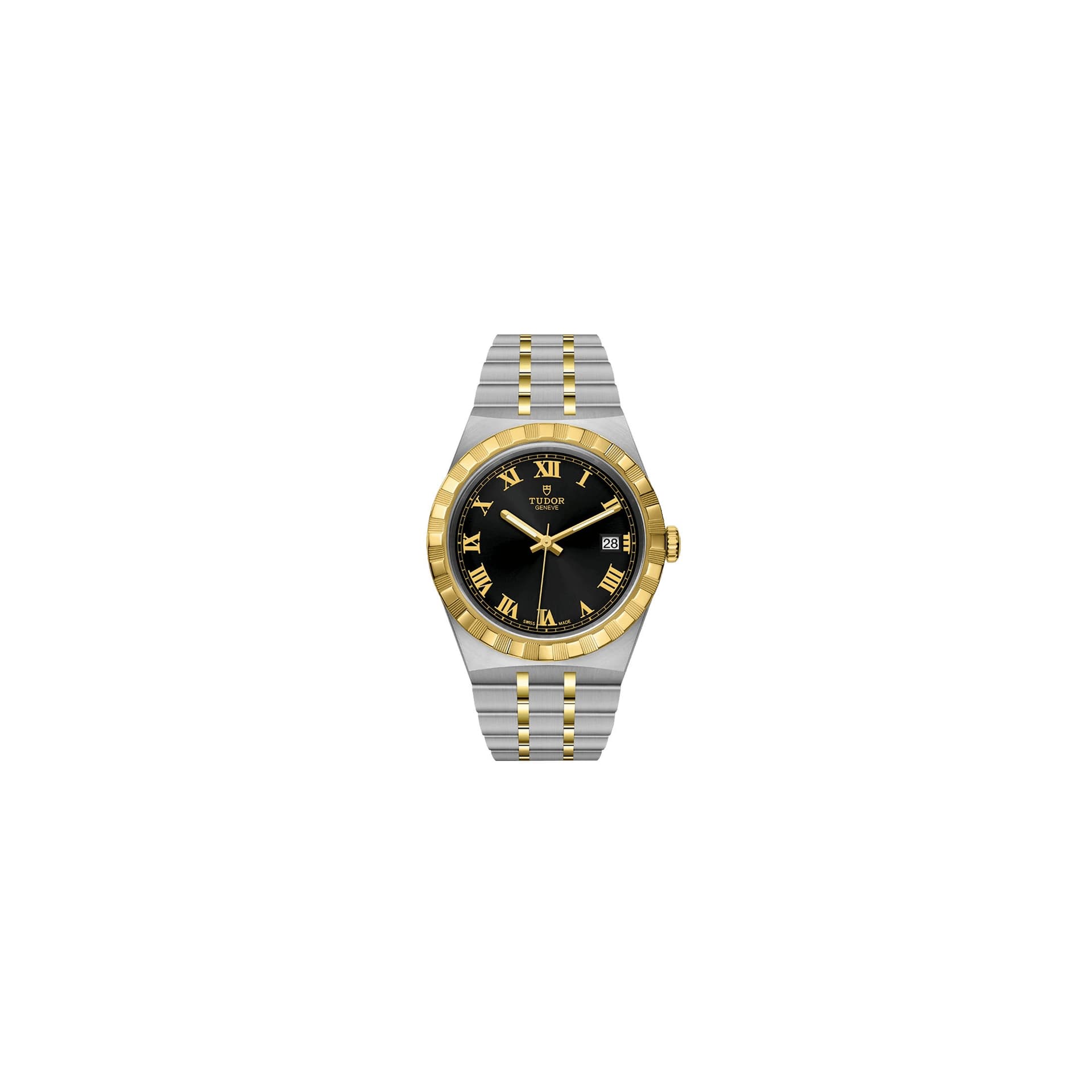 Tudor Montre Tudor Royal automatique index chiffres romains cadran noir bracelet acier et or jaune 38 mm
