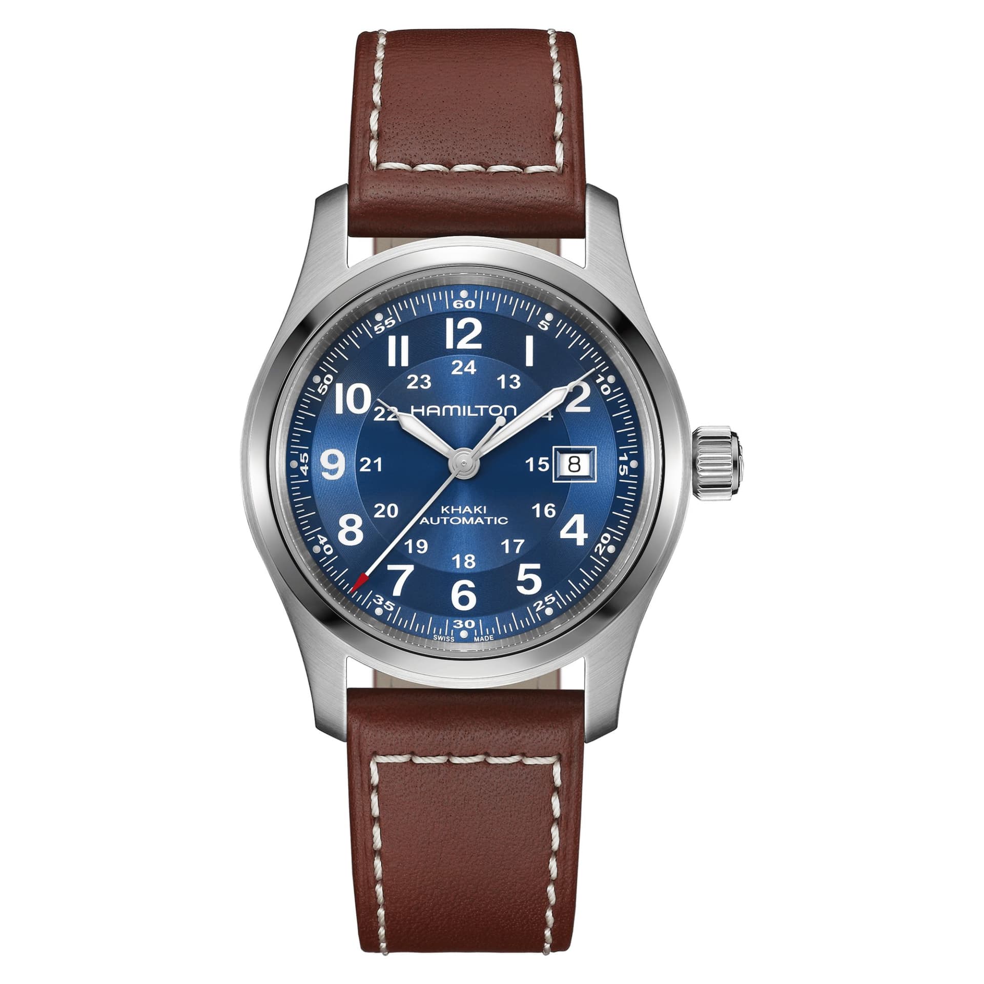 Hamilton Montre Hamilton Khaki Field automatique cadran bleu bracelet cuir brun 38 mm