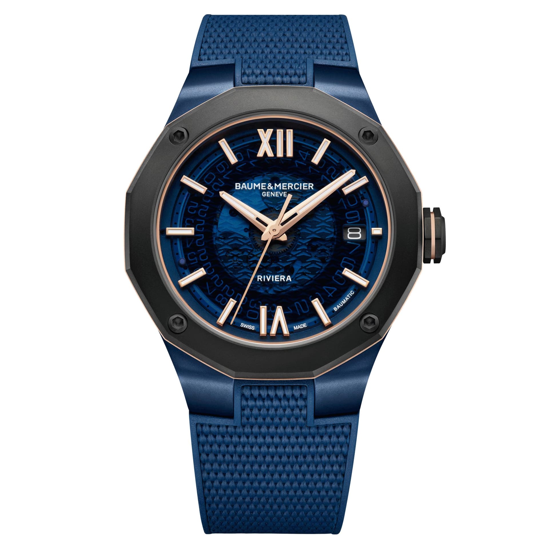 Baume & Mercier Montre Baume et Mercier Riviera acier titane automatique cadran bleu transparent bracelet caoutchouc bleu 42 mm