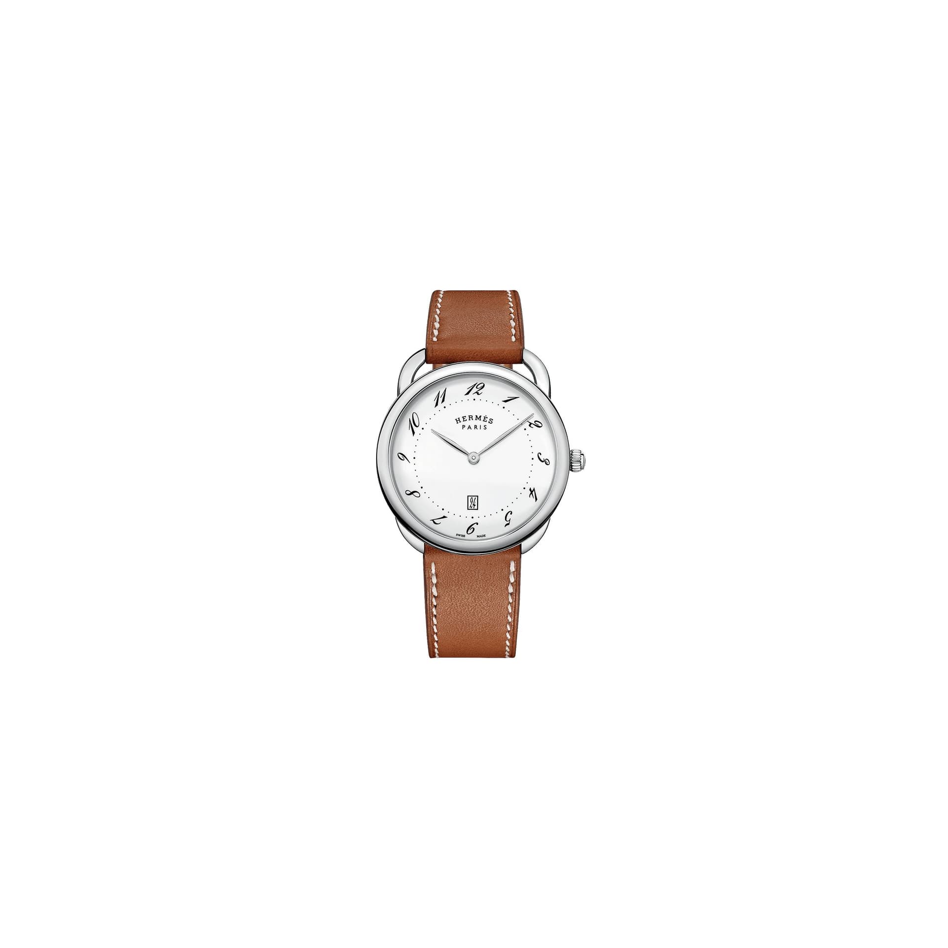 Hermès Montre HERMÈS Arceau Grand Modèle quartz cadran laqué blanc bracelet cuir marron 40 mm