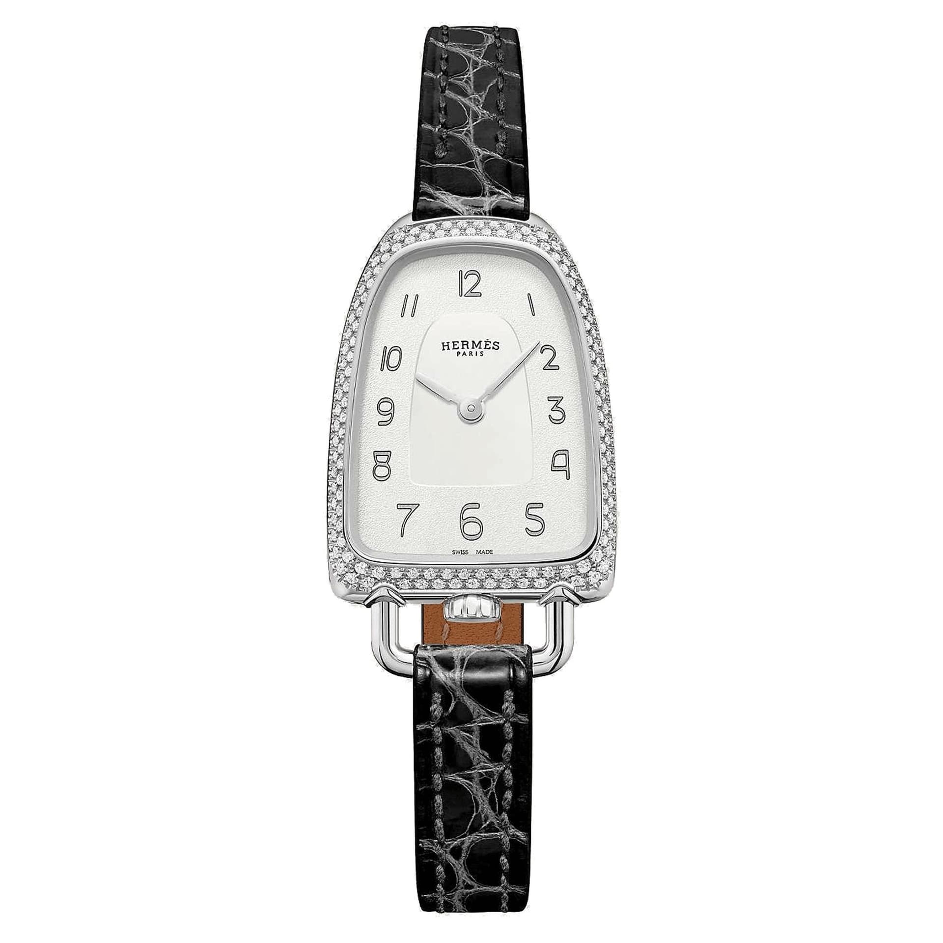 Hermès Montre HERMÈS Galop d'Hermès Moyen Modèle sertie quartz cadran argent bracelet cuir noir 32 mm