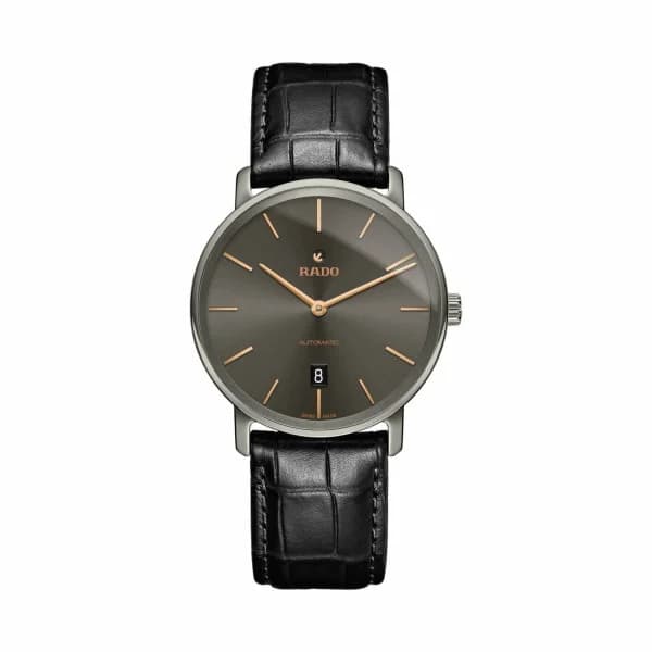 Rado Montre Rado DiaMaster Thinline Automatic Cadran Gris Bracelet cuir Noir