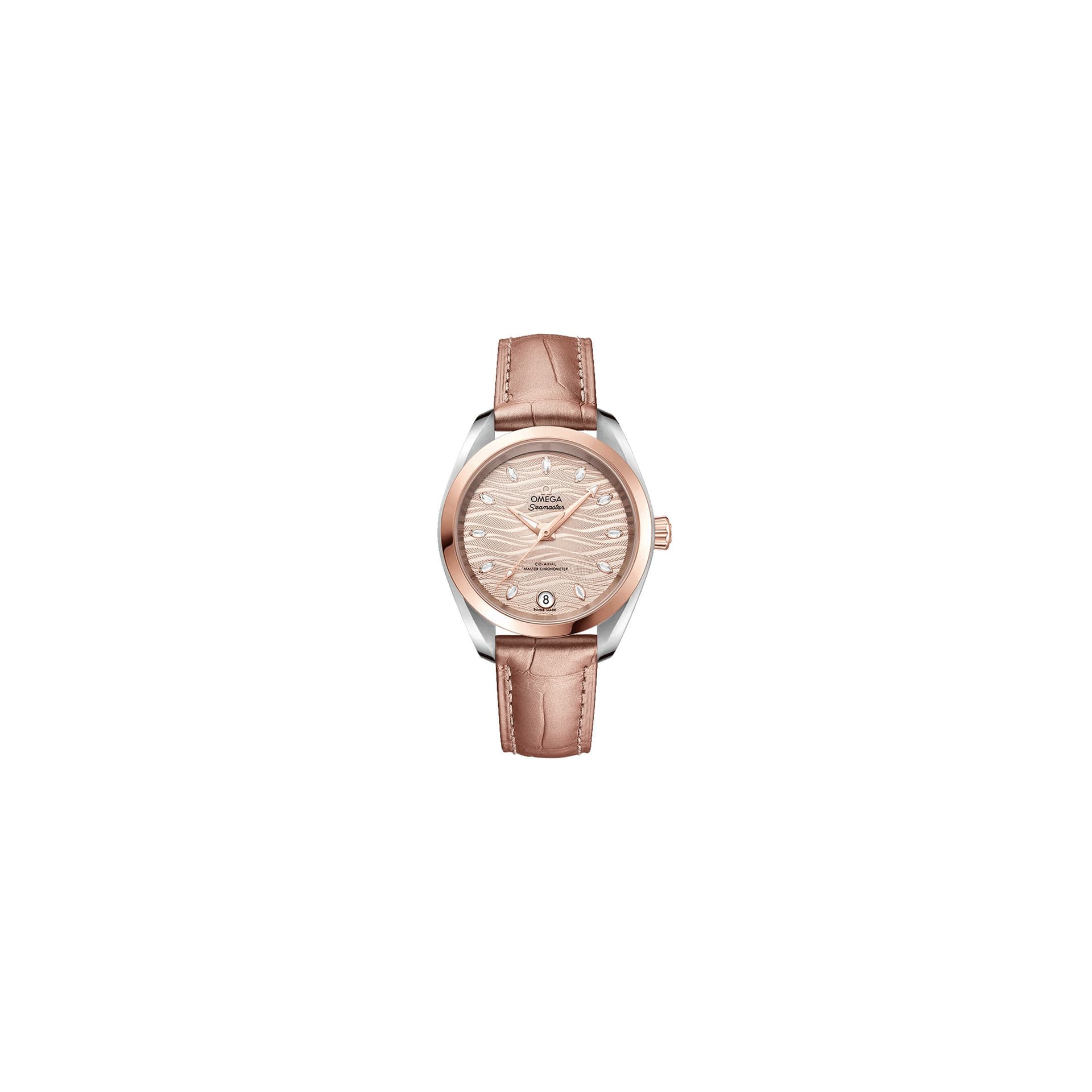Omega Montre Omega Seamaster Aqua Terra 150M Co-Axial Master Chronometer Or Sedna cadran nude bracelet cuir rose 34 mm