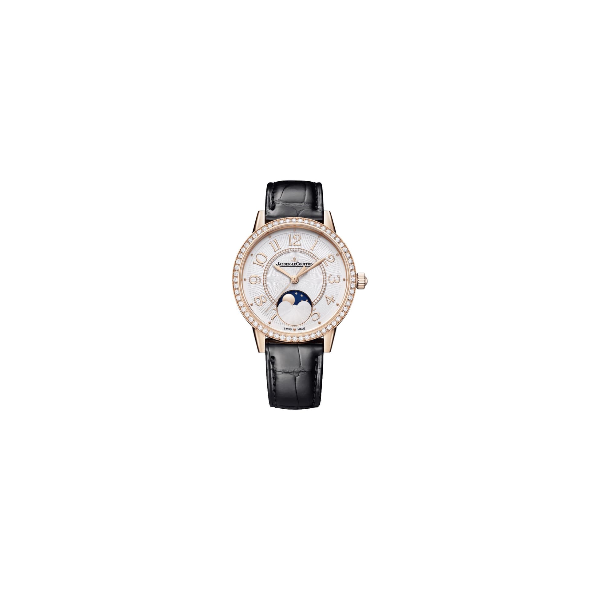 Jaeger-LeCoultre Montre Jaeger-LeCoultre Rendez-Vous Classic Moon automatique lunette sertie cadran argent bracelet cuir noir 34 mm