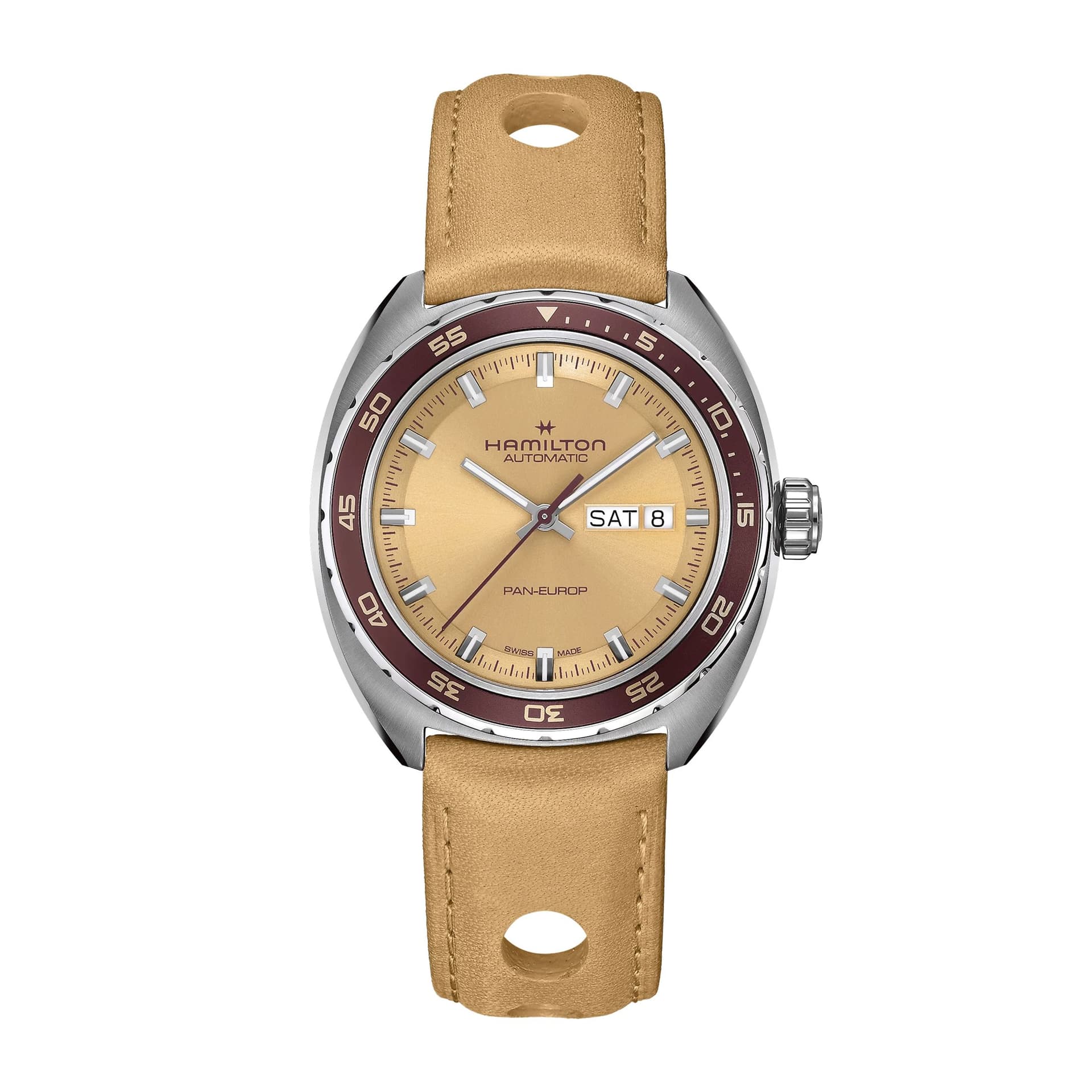 Hamilton Montre Hamilton American Classic Pan Europ Day Date automatique cadran beige bracelet cuir beige 42 mm