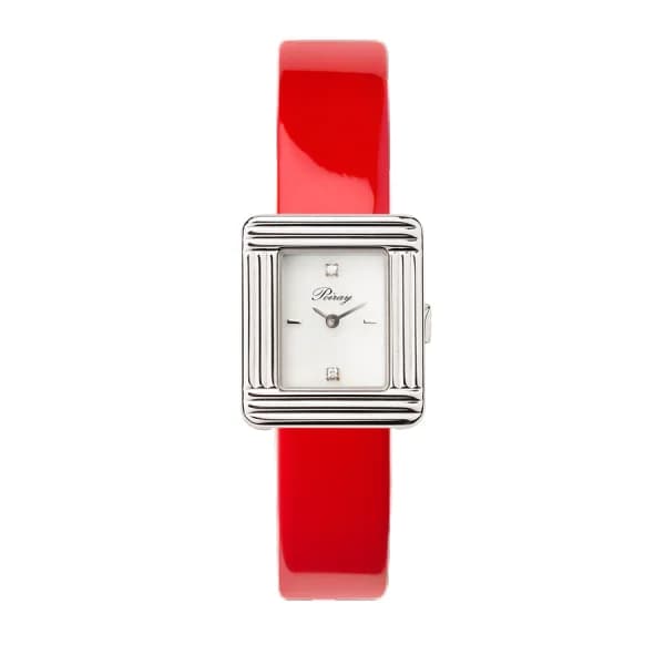 Poiray Montre Poiray Ma Première Mini Acier Cadran Serti Bracelet Veau Vernis Rouge