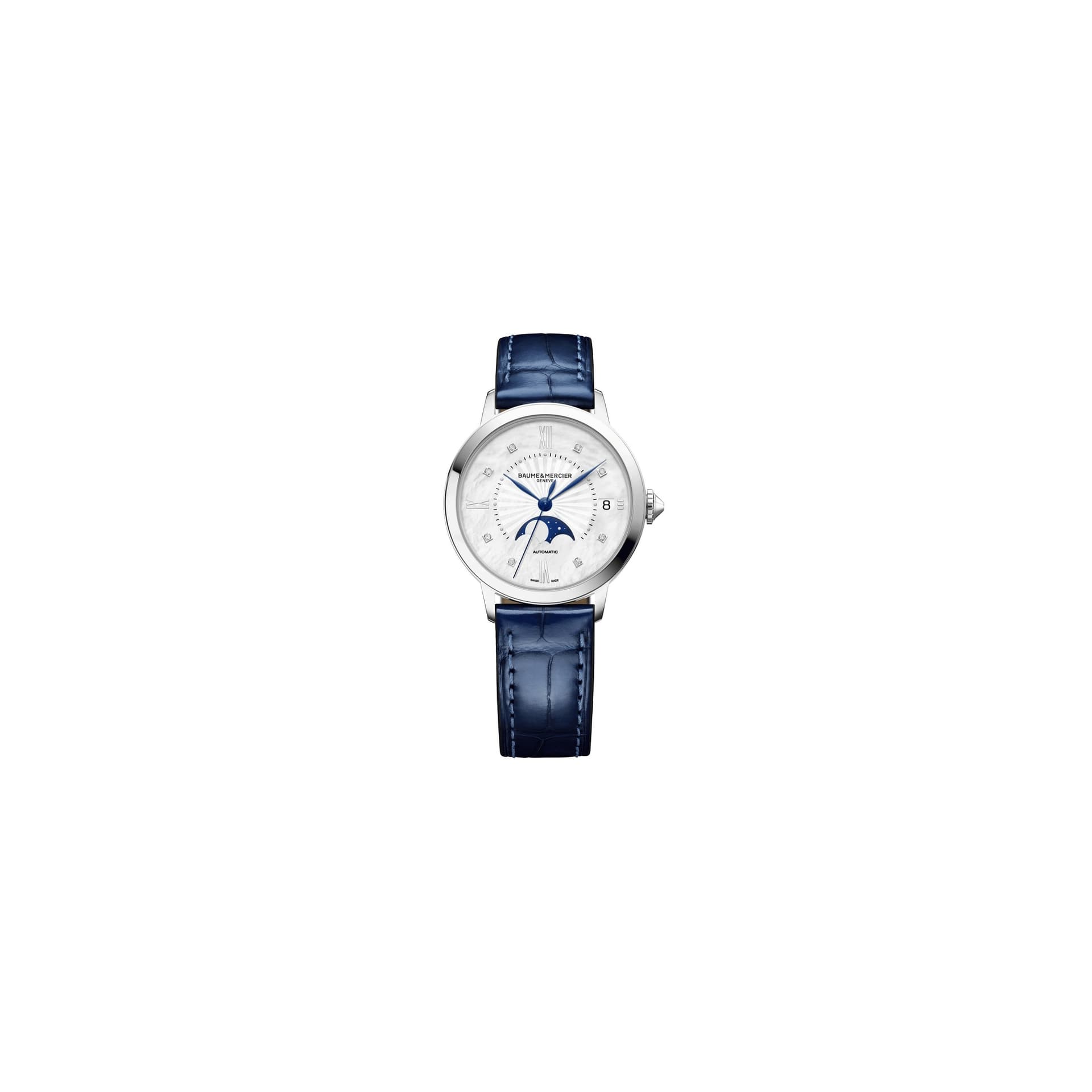 Baume & Mercier Montre Baume et Mercier Classima Moon Phase automatique index diamants cadran nacre blanche bracelet cuir bleu 34 mm