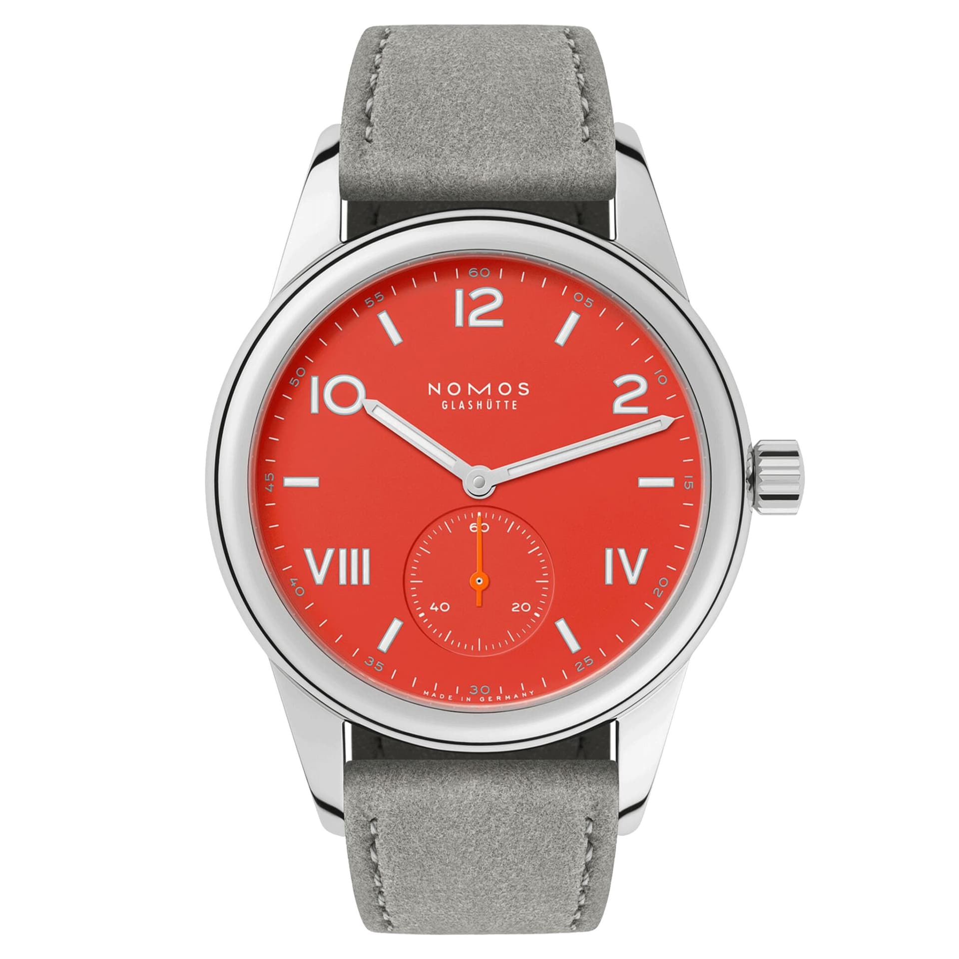 Nomos Montre NOMOS Club Campus Nonstop Red mécanique fond acier cadran rouge bracelet velours gris 36 mm
