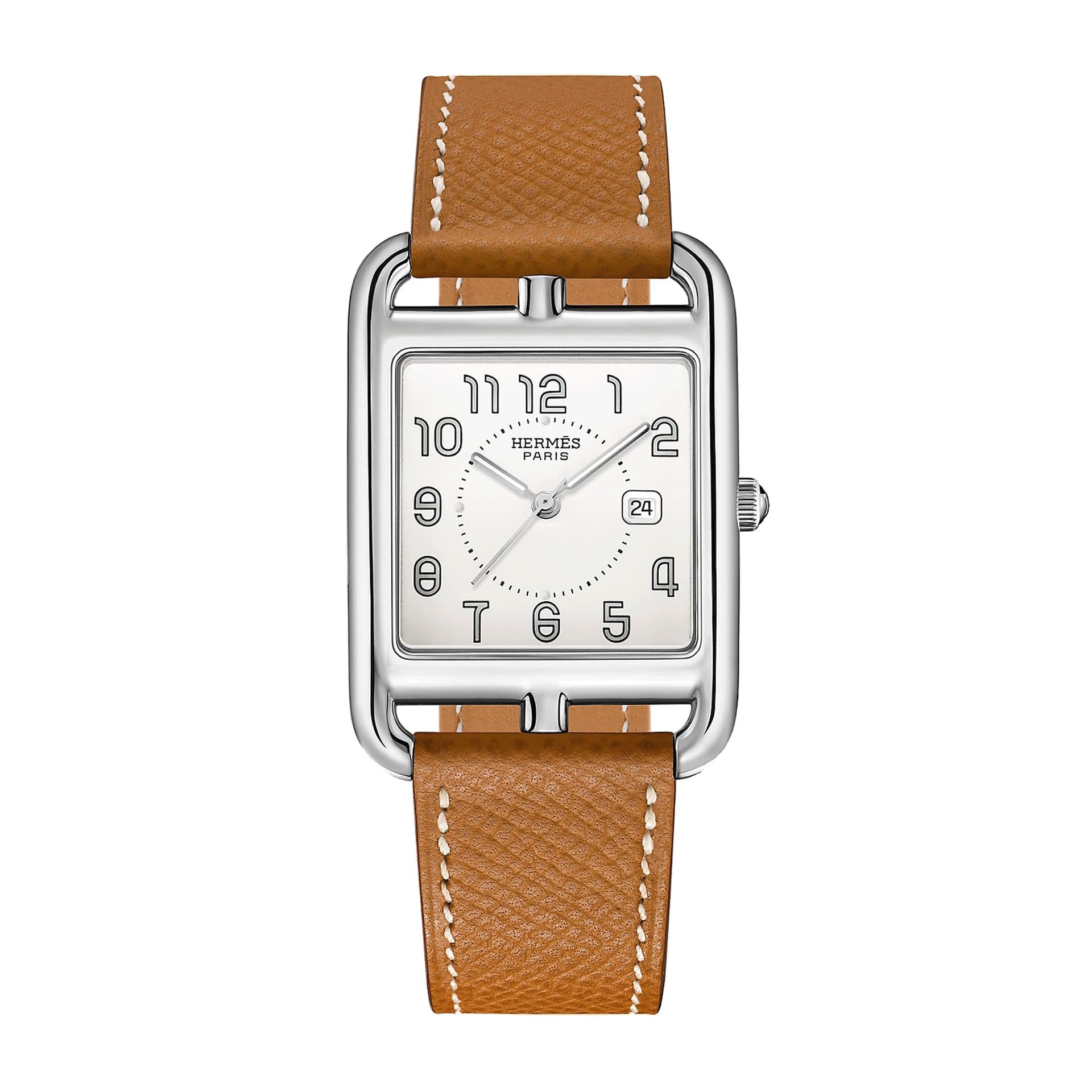 Hermès Montre HERMÈS Cape Cod Grand Modèle quartz cadran argenté bracelet cuir marron 37 mm