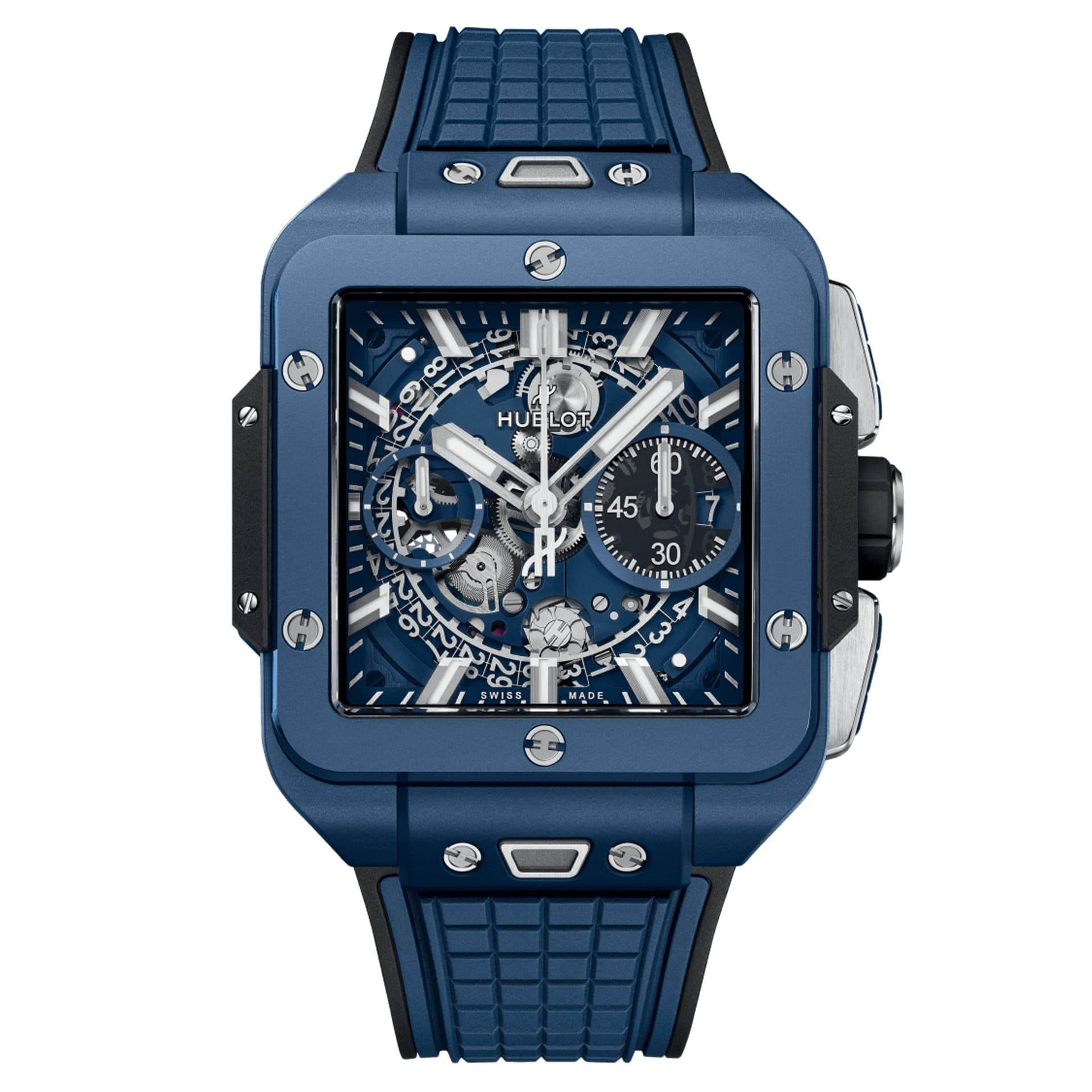 Hublot Montre Hublot Square Bang Unico Blue Ceramic automatique cadran squelette bracelet caoutchouc bleu 42 mm