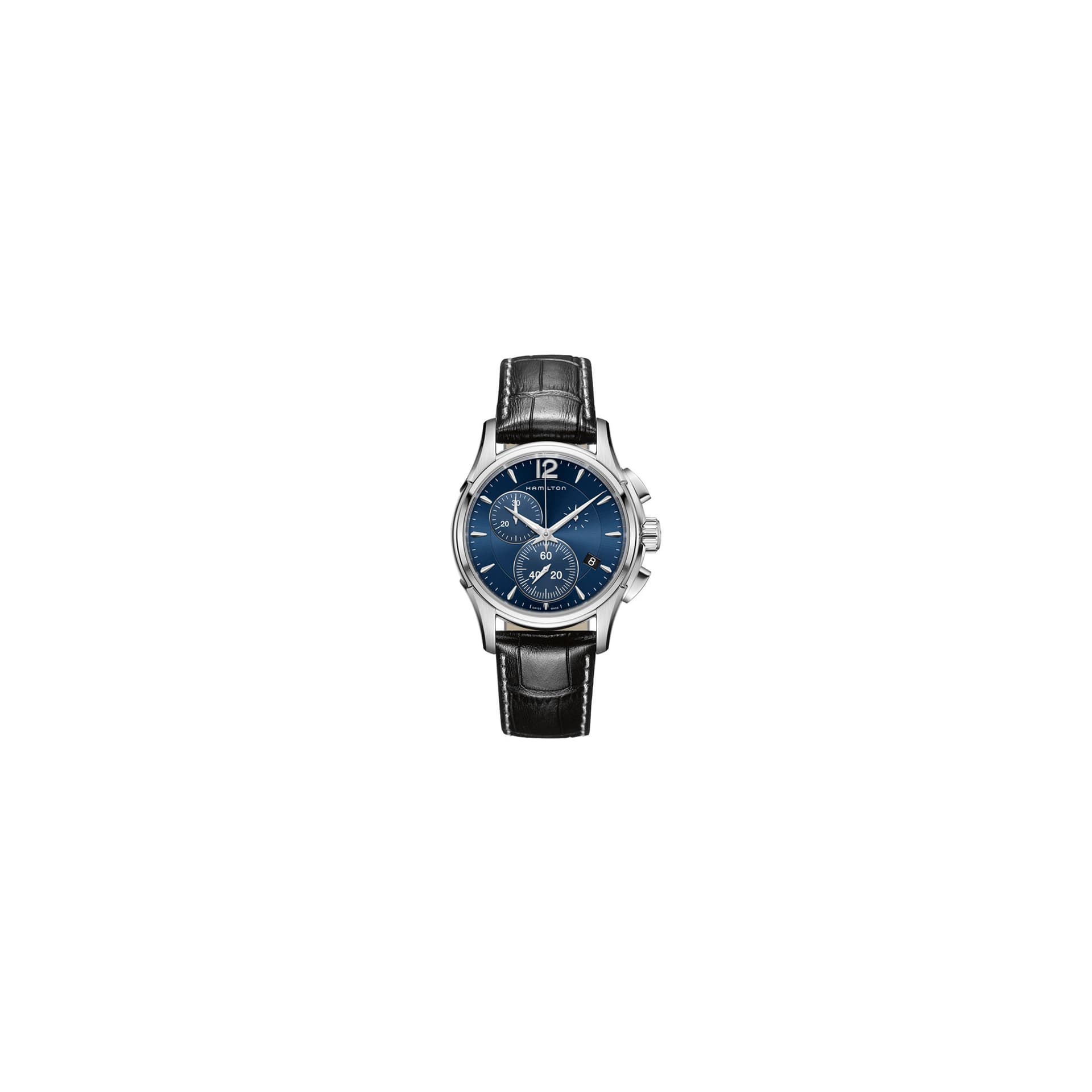 Hamilton Montre Hamilton Jazzmaster Chrono quartz cadran bleu bracelet cuir noir façon croco 42 mm