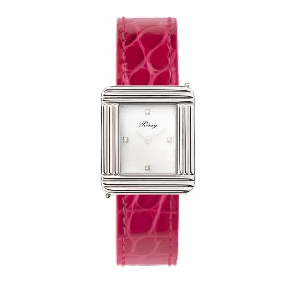 Poiray Montre Poiray Ma Première Cadran Blanc Serti Bracelet Alligator Rose