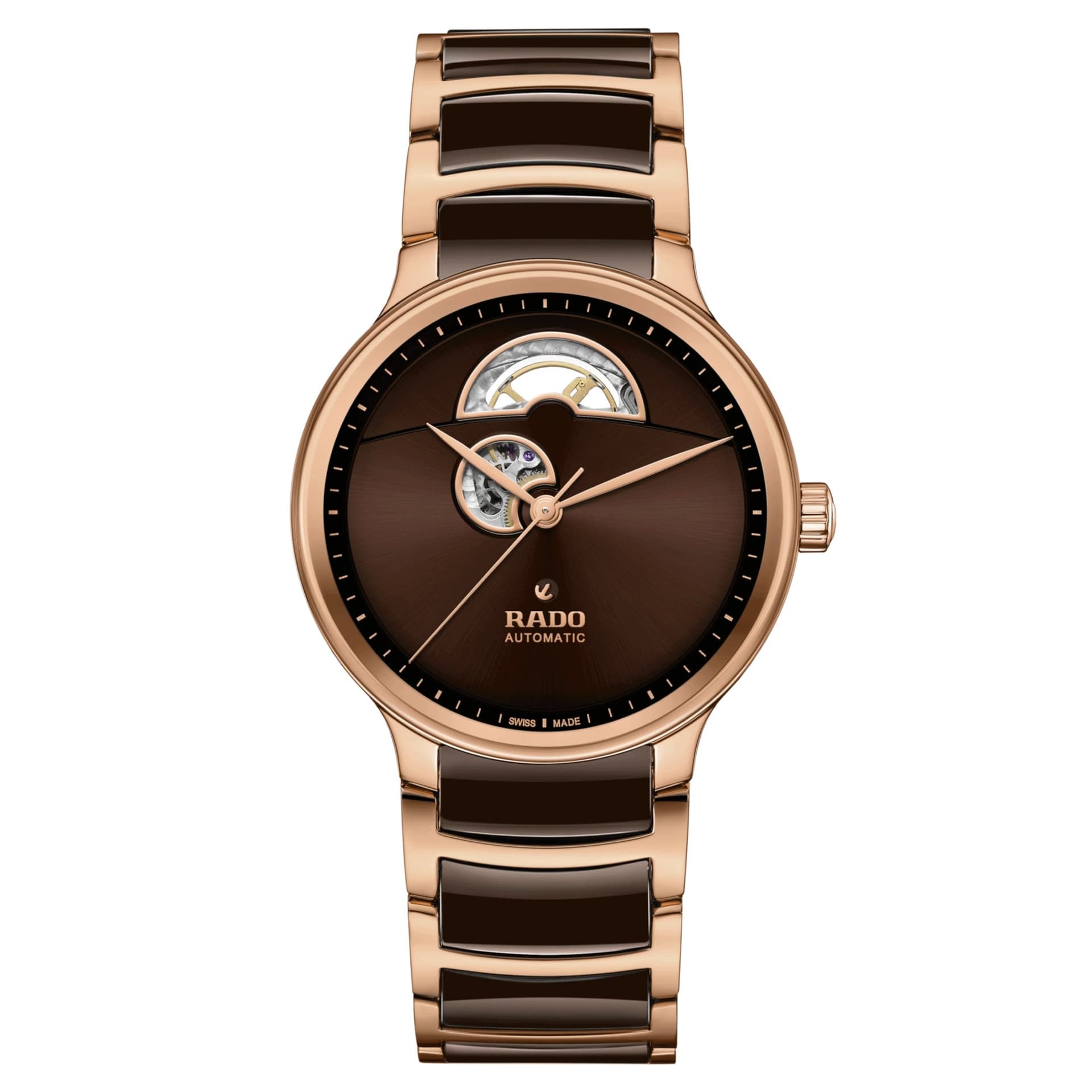 Rado Montre Rado Centrix Open Heart automatique cadran brun bracelet acier PVD or rose et céramique brune 39,5 mm
