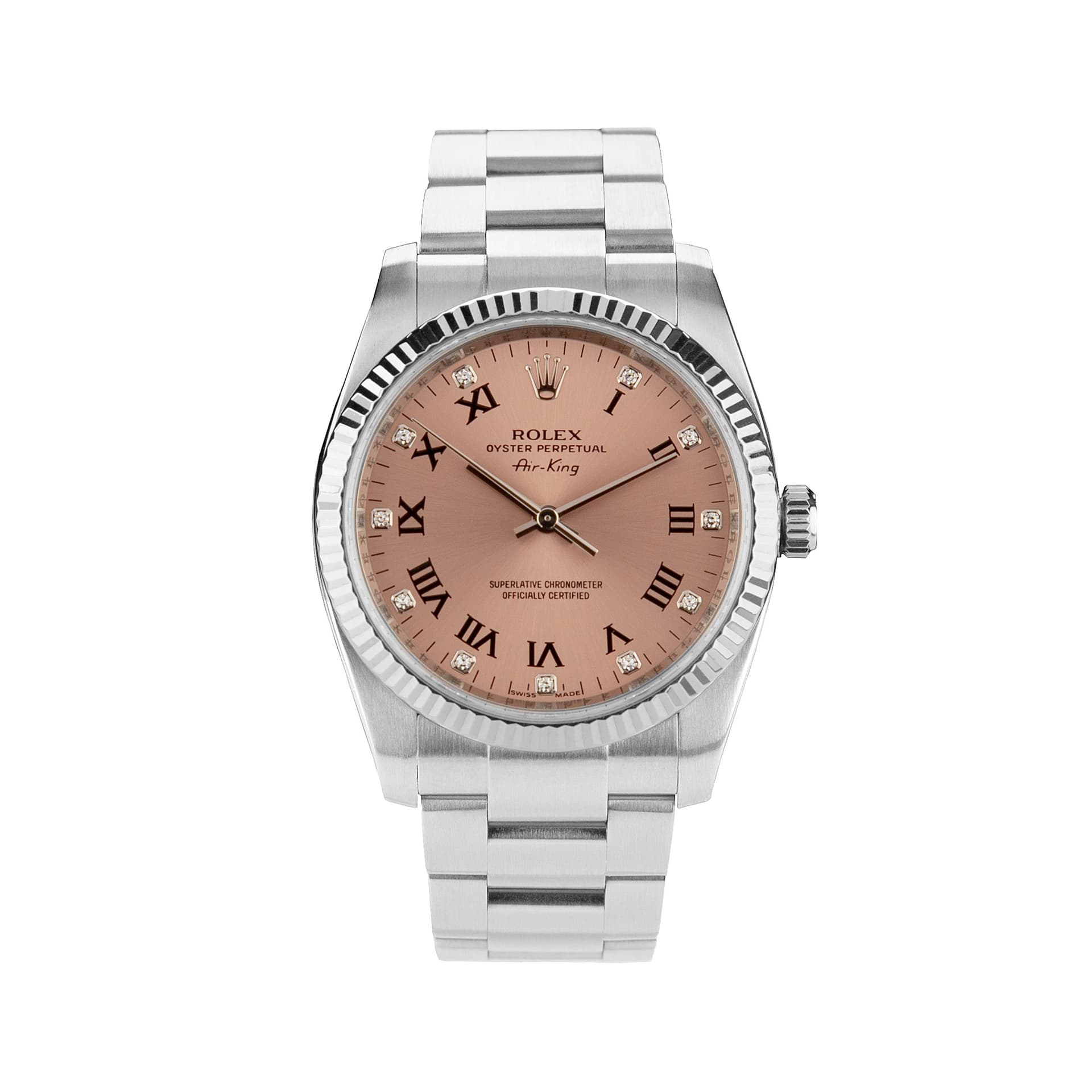 Rolex Montre Rolex "Air King" lunette cannelée or blanc et index diamants automatique 34 mm