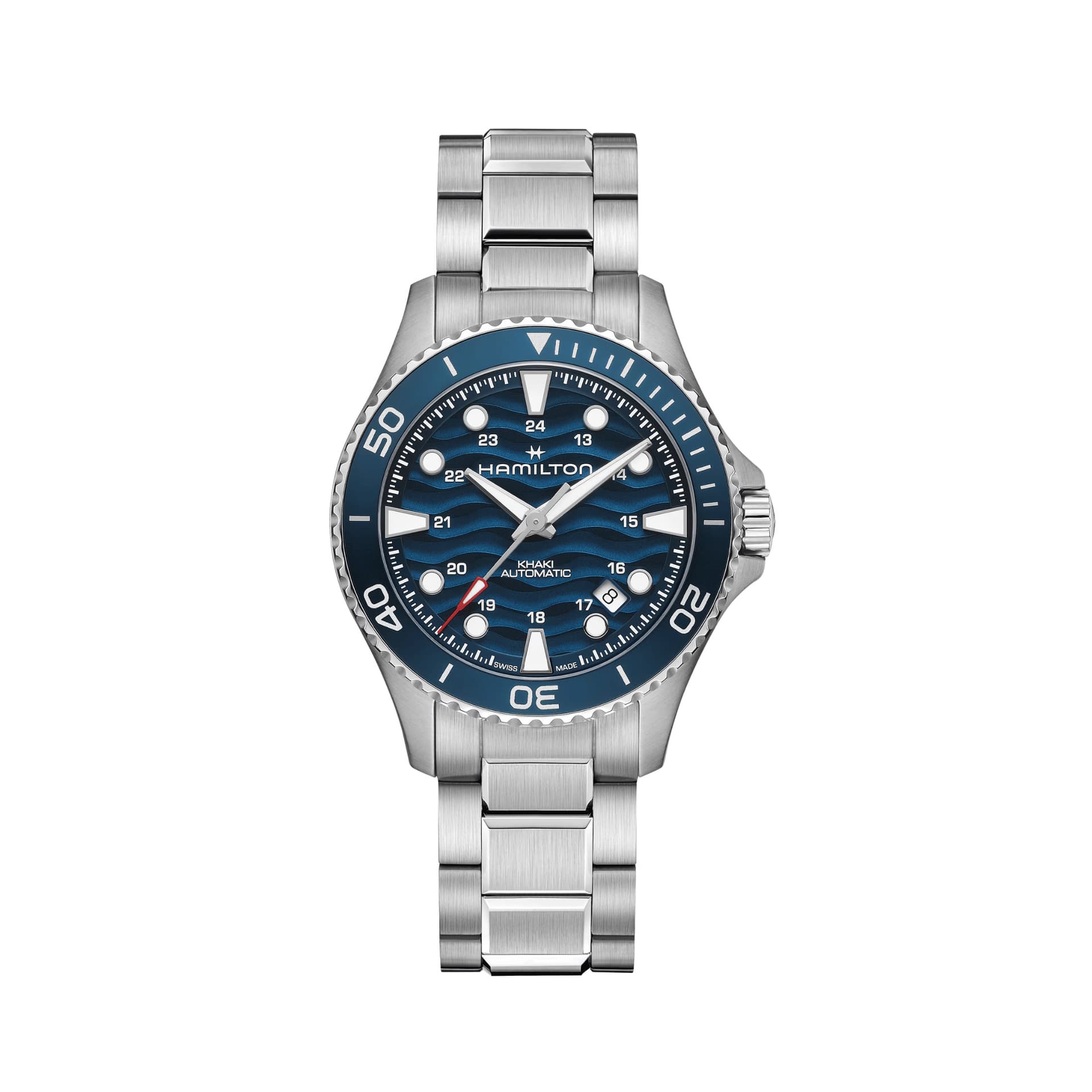 Hamilton Montre Hamilton Khaki Navy Scuba automatique cadran bleu lunette bleue bracelet acier 40 mm