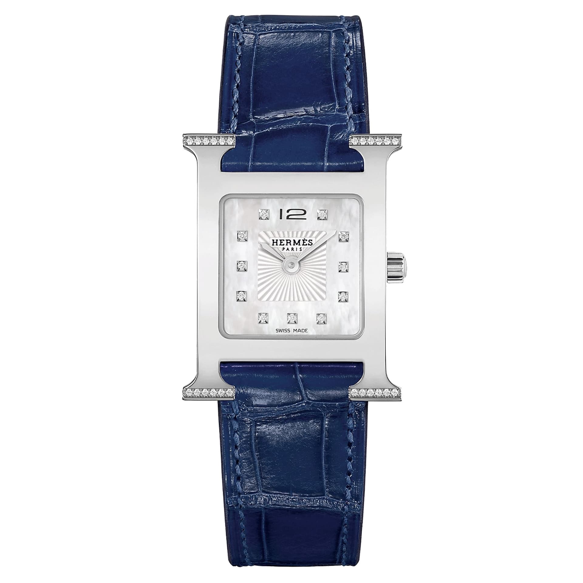 Hermès Montre HERMÈS Heure H Petit Modèle sertie quartz index diamants cadran nacre blanche bracelet cuir croco bleu 25 mm