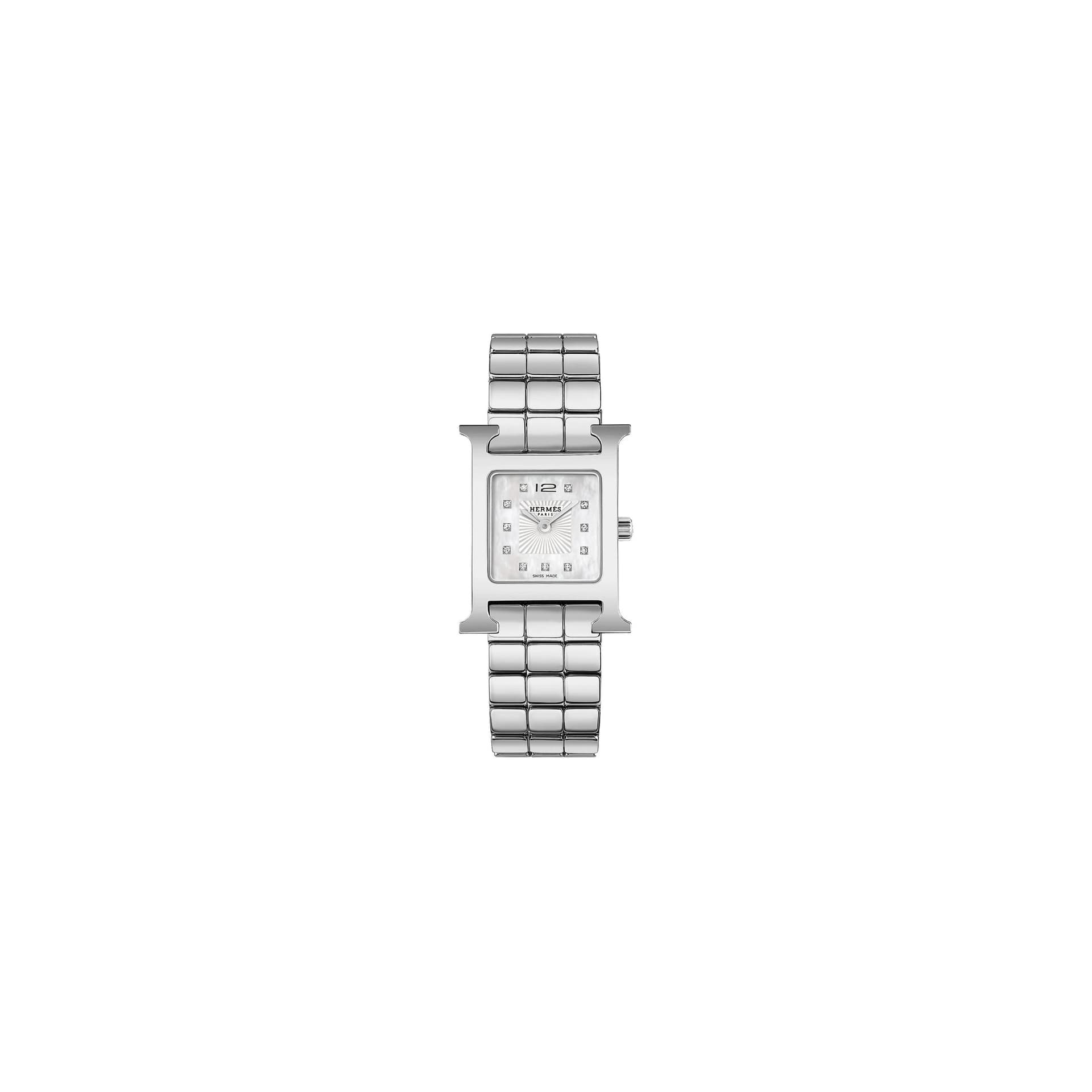 Hermès Montre HERMÈS Heure H Petit Modèle quartz index diamants cadran nacre blanche bracelet acier 25 mm