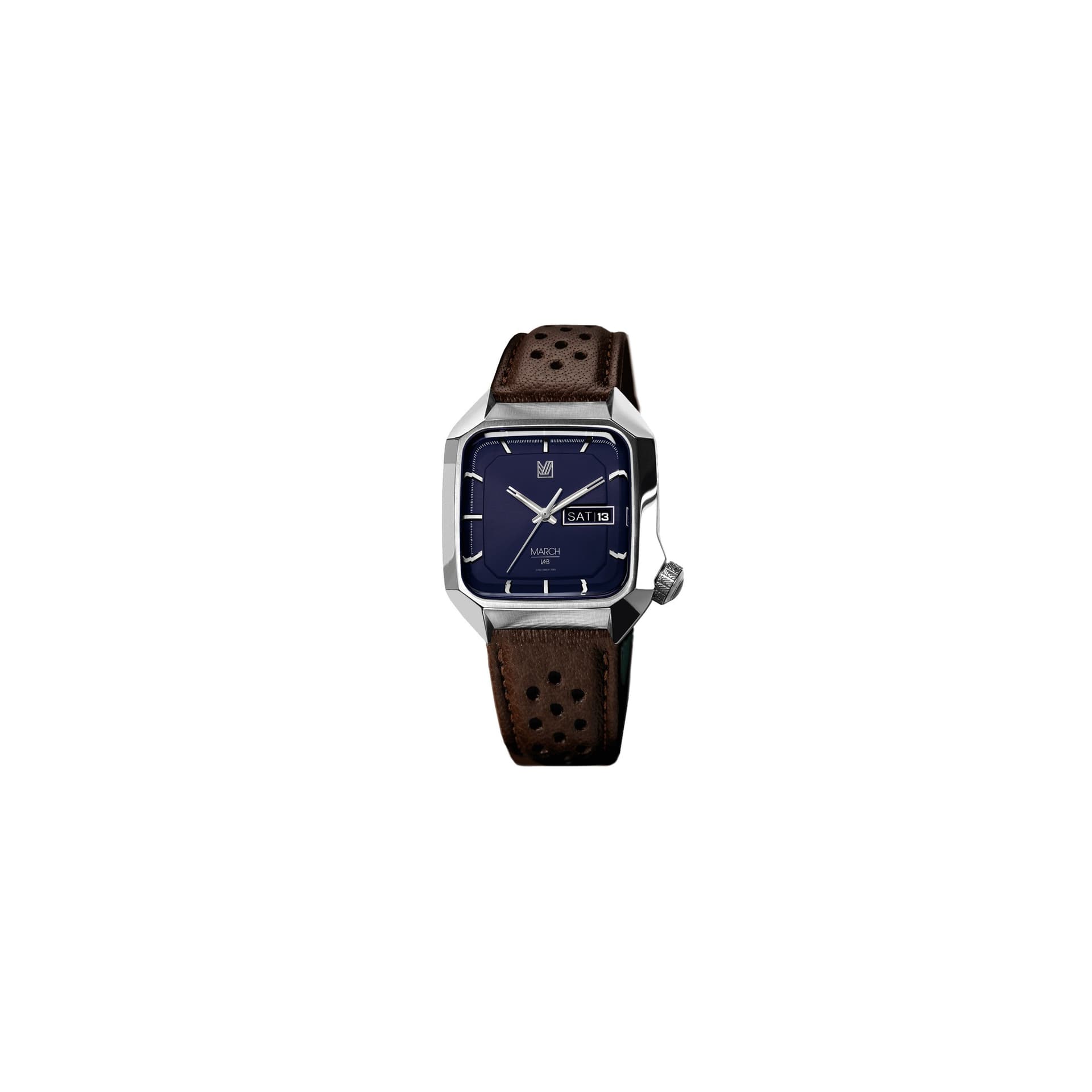 March LA.B Montre March LA.B AM2 Electric Navy bracelet cuir de buffle perforé marron 39 mm