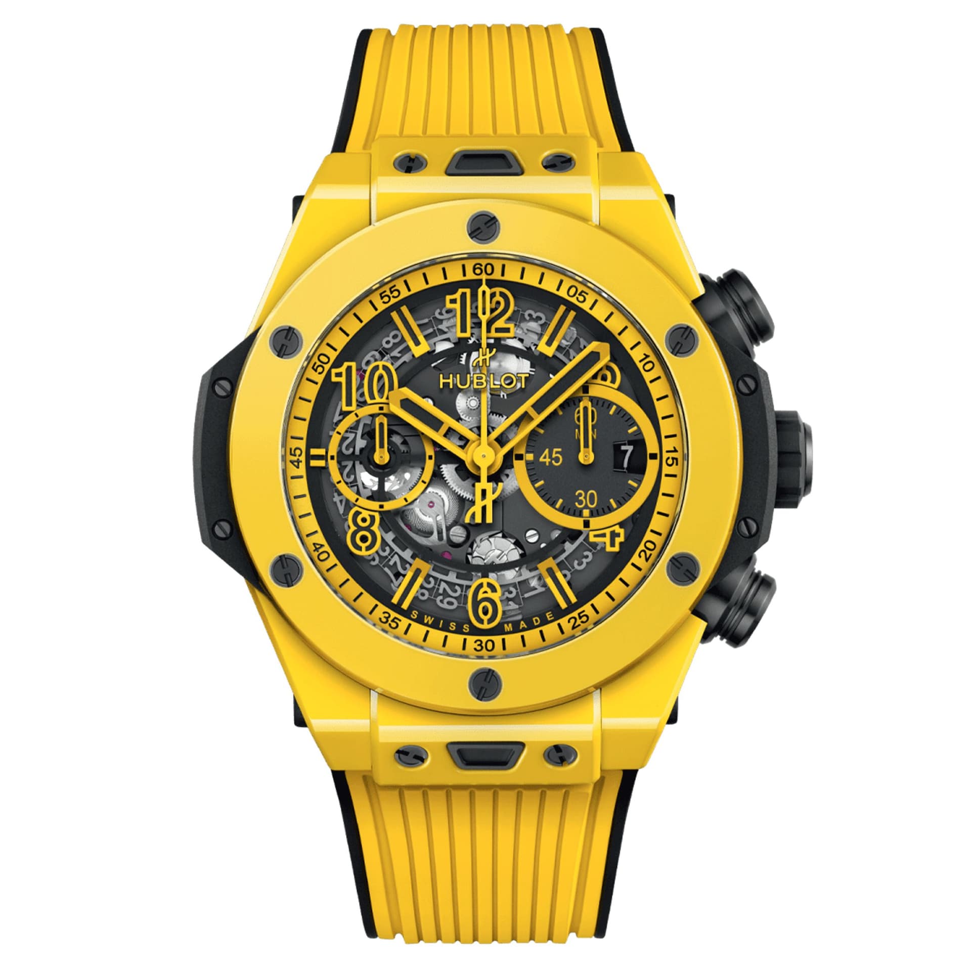 Hublot Montre Hublot Big Bang Unico Yellow Magic automatique cadran squelette bracelet caoutchouc jaune 44 mm
