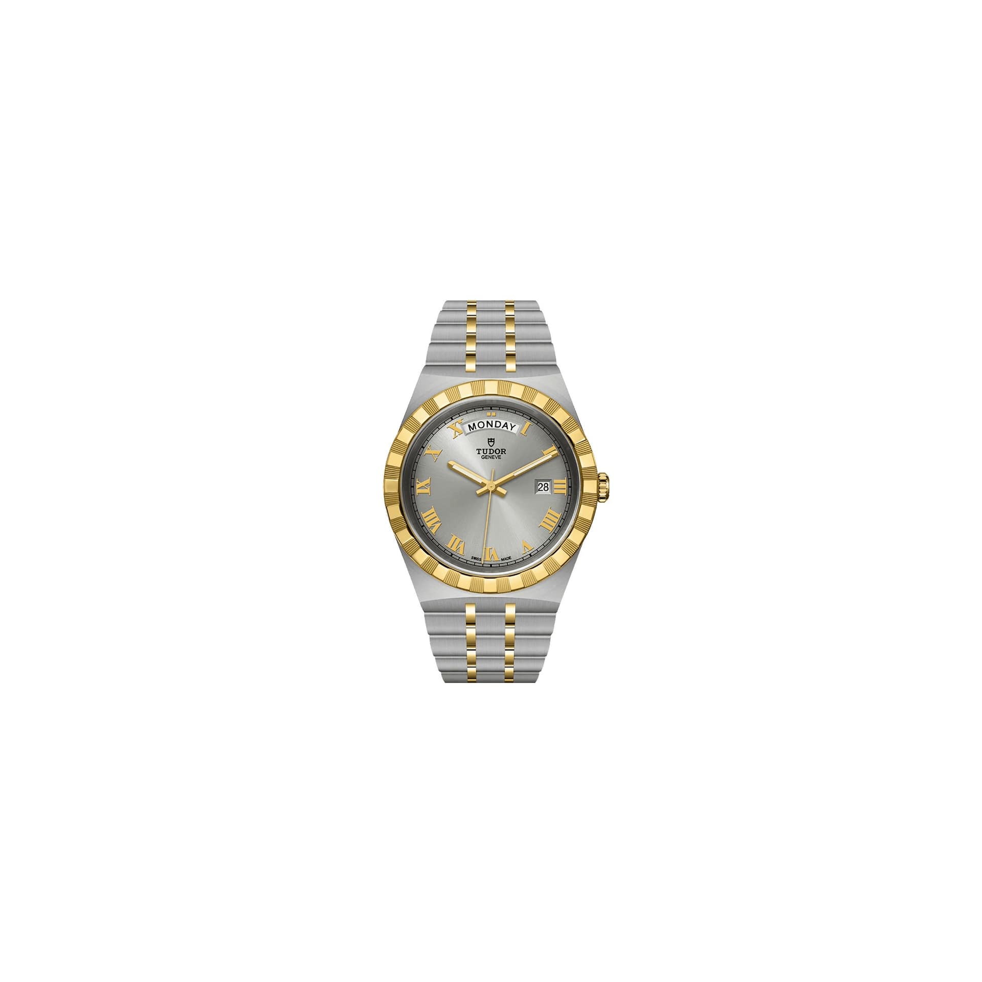 Tudor Montre Tudor Royal automatique guichet jour cadran argenté bracelet acier et or jaune 41 mm