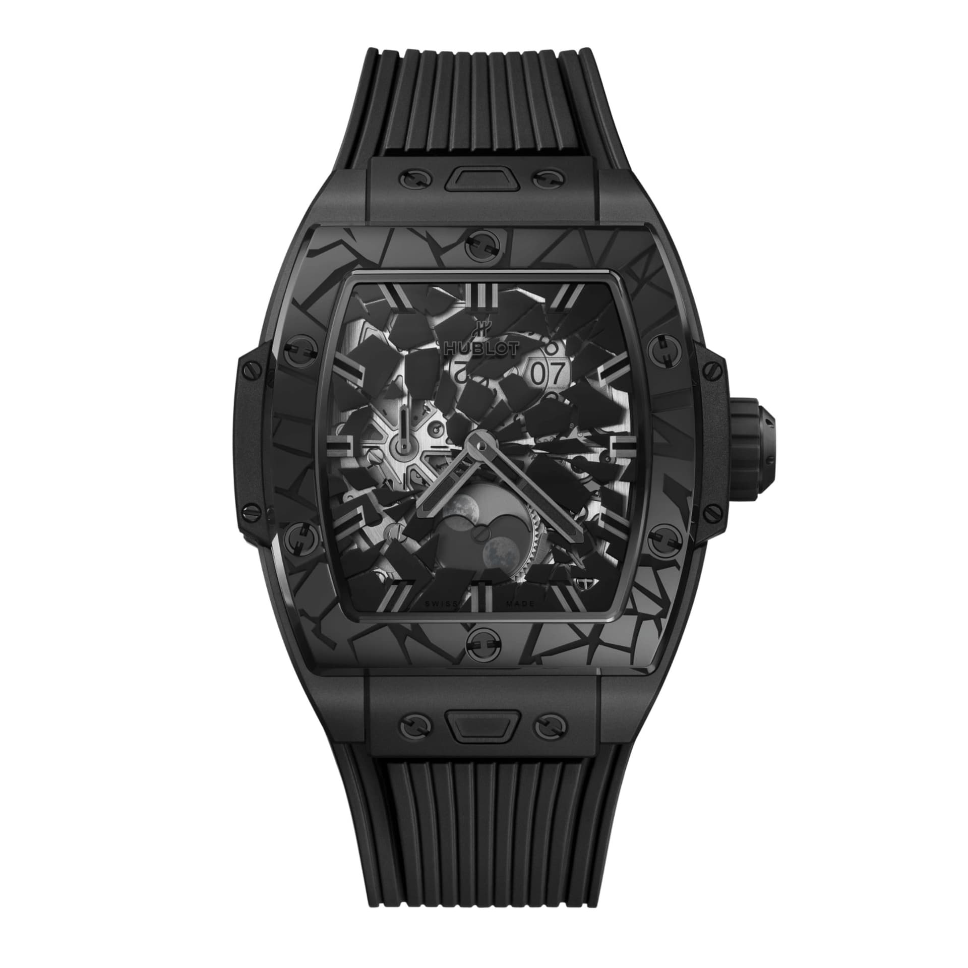 Hublot Montre Hublot Spirit of Big Bang Moonphase Impact All Black Ceramic automatique cadran squelette bracelet caoutchouc noir 42 mm