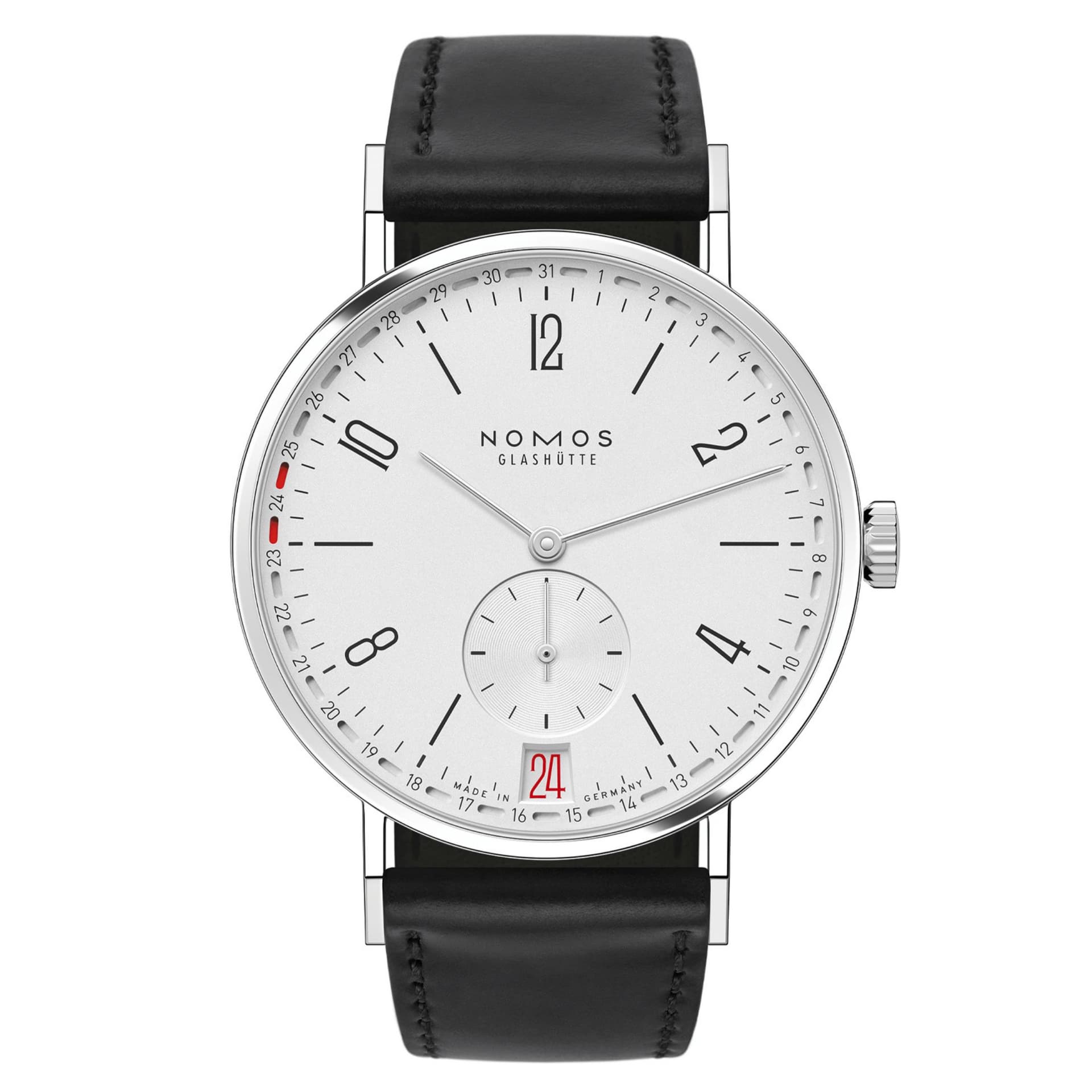 Nomos Montre NOMOS Tangente 2date cadran blanc argenté mécanique bracelet cuir noir fond acier 37,5 mm