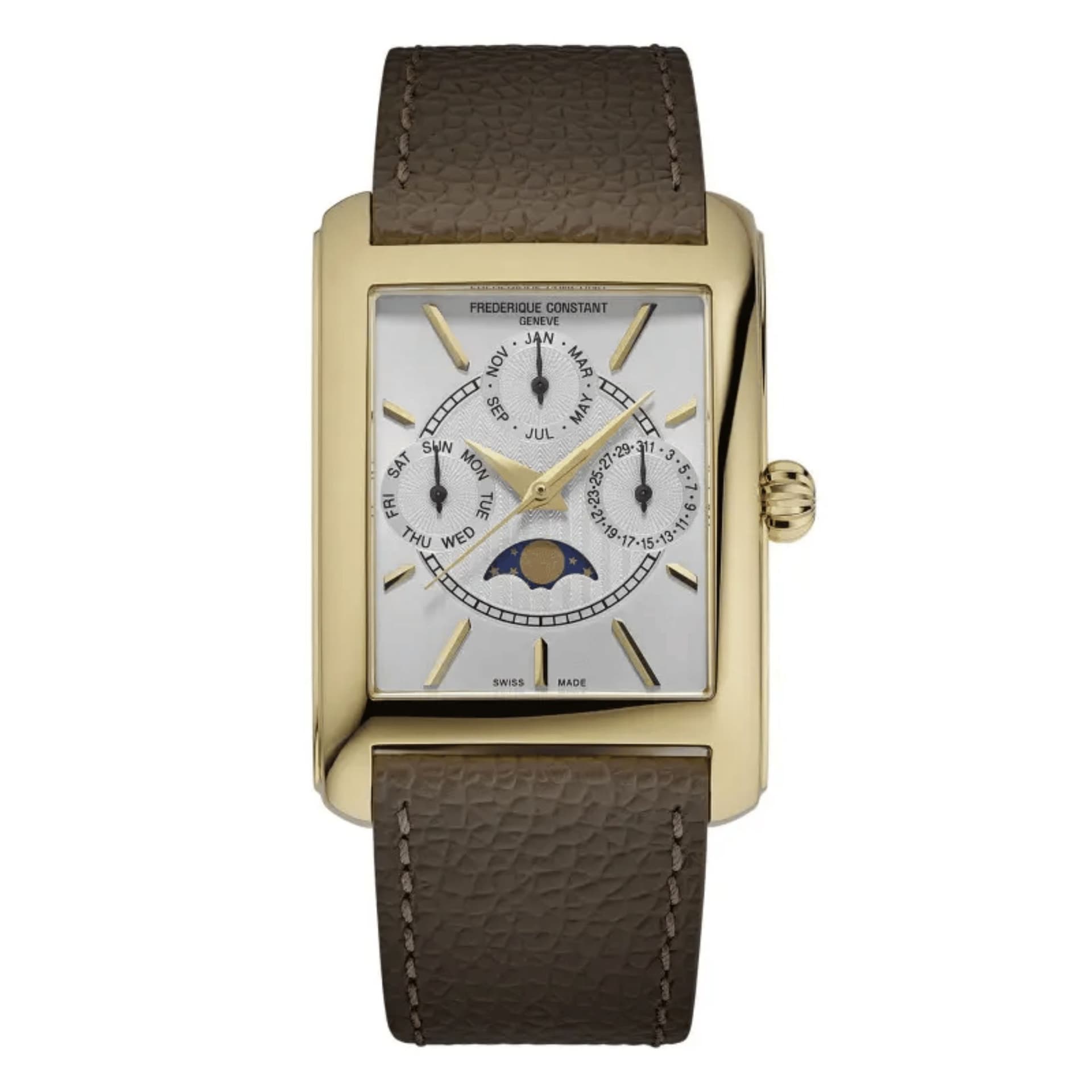 Frédérique Constant Montre Frédérique Constant Classics Carrée Calendar Moonphase PVD or jaune quartz cadran blanc bracelet cuir 30 x 42 mm