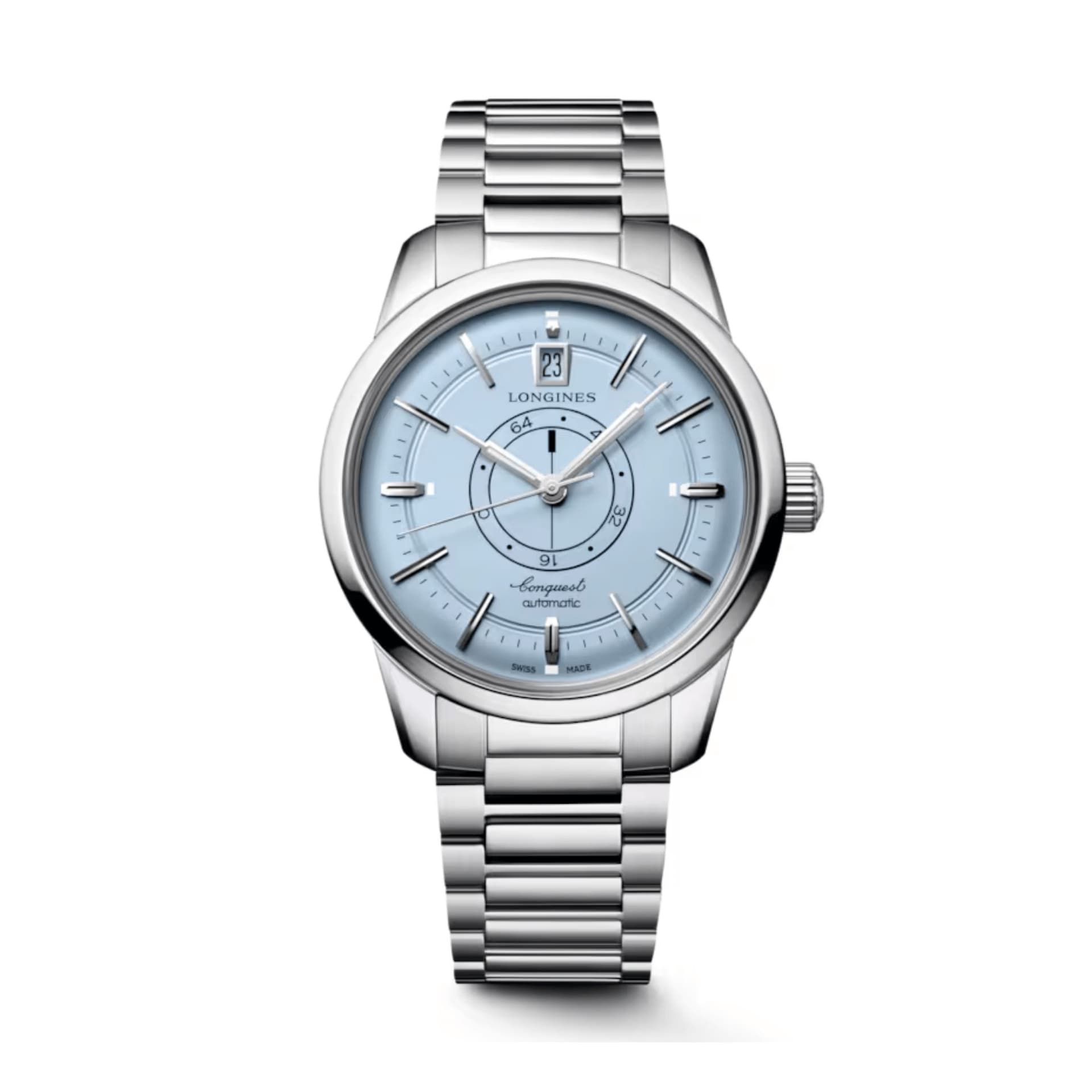 Longines Montre Longines Conquet Heritage central power reserve automatique cadran bleu bracelet acier 38 mm