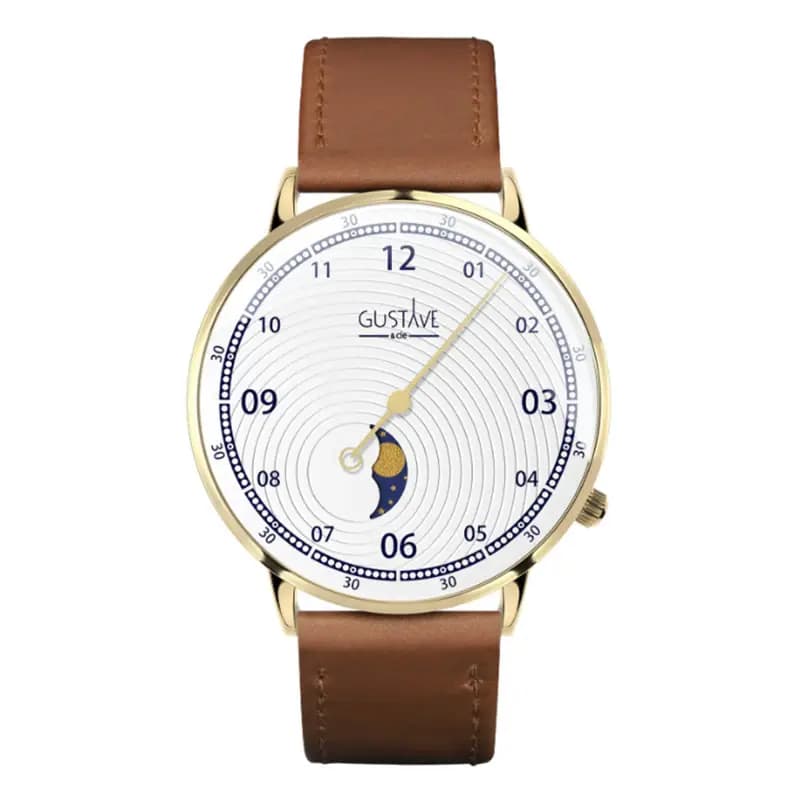 Gustave & Cie Montre 12H Georges Or & Blanc Cuir Marron Havane Surpiqué 40mm